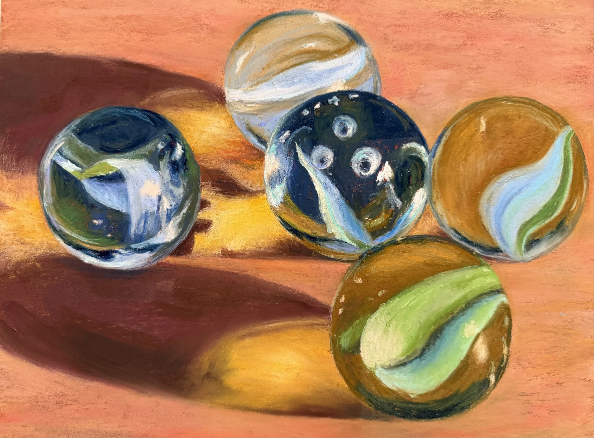 ANDREA STUTESMAN ~ Cat’s Eye, 9 x 12, Pastel Mat/Raw Sienna - "Cat’s eye marbles are familiar, machine-made glass spheres - typically clear - distinguished by the colorful, ribbon-like vanes suspended within them. Their simple form holds surprising v