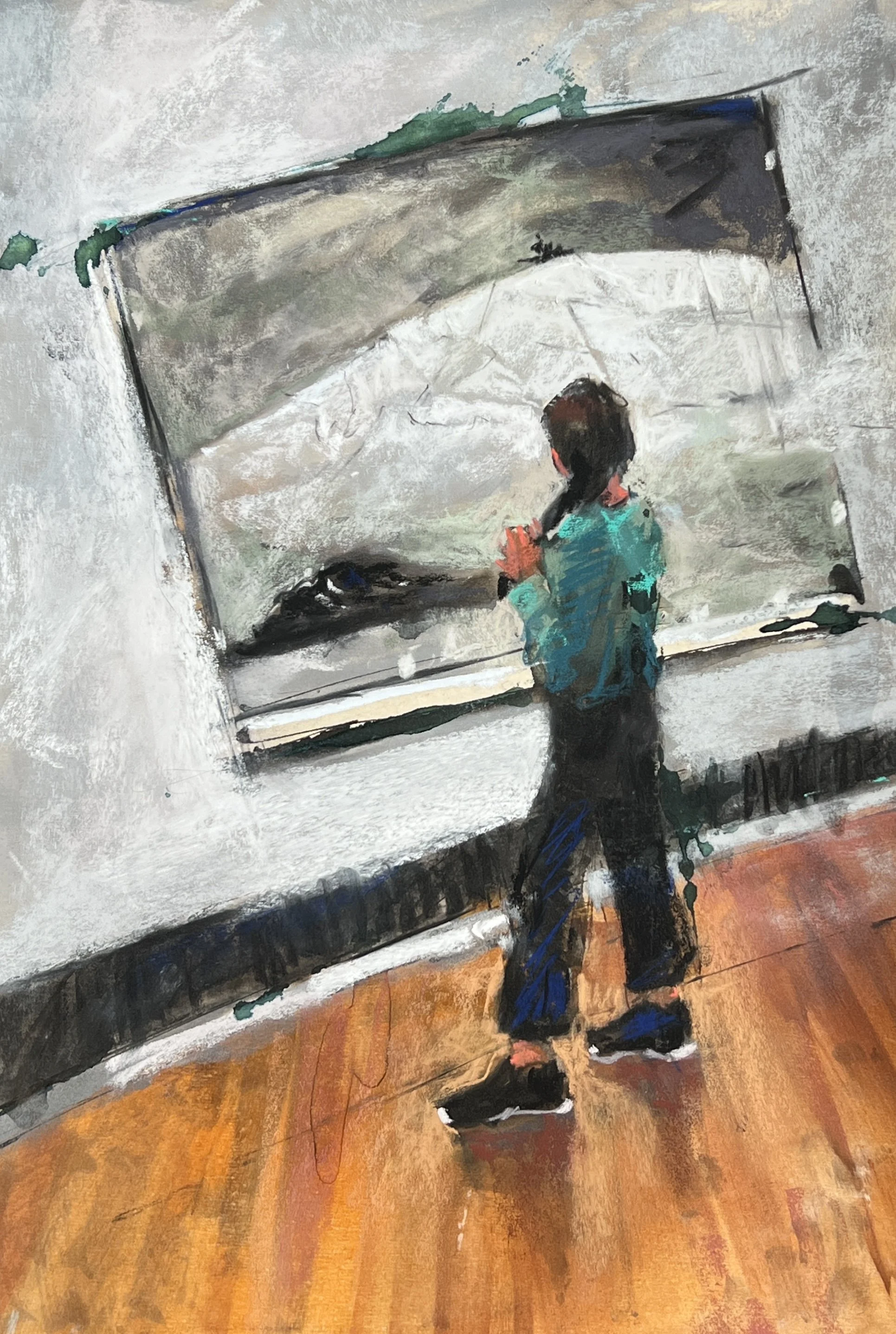 TERRILYNN DUBREUIL ~ Unsettled: Contemplating Wyeth, 18 x 12, UArt paper - "Some of my recent pieces have taken on subtle social commentary. 'Unsettled' shows a girl stopping mid-stride to turn and look at an Andrew Wyeth painting in a gallery. The t