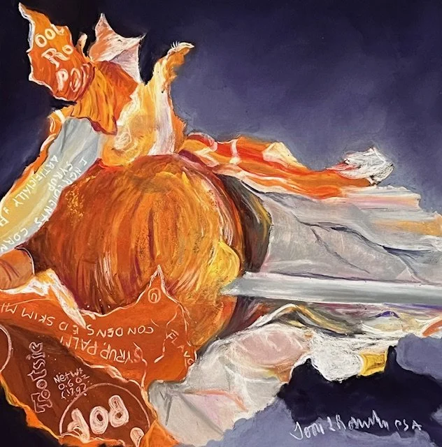 TERRI ROSENBLUM ~ Orange Pop, 8.5 x 8.5 - "I’ve been working on a series of Tootsie Pop paintings; I now have about 10. Since many of the Tootsie paintings are 24x18" it was very interesting to work on a miniature tootsie painting!"
