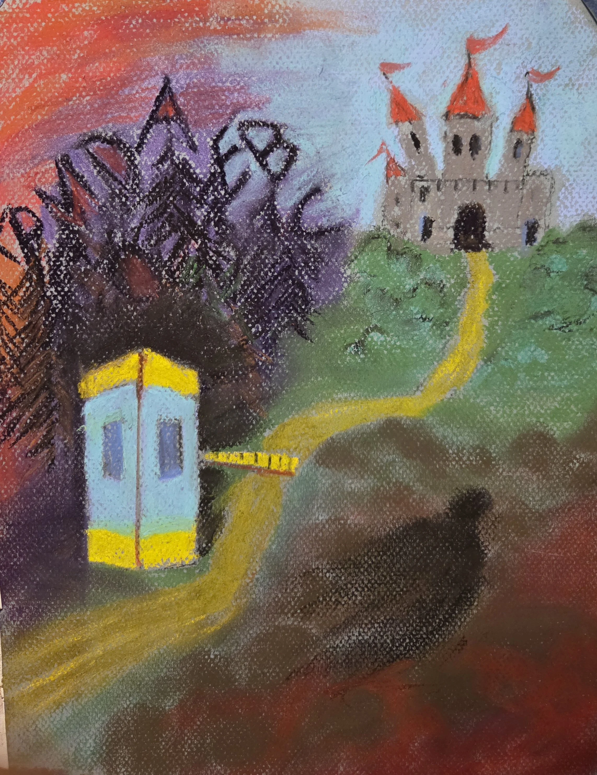 PAT FENDA ~ The Phantom Tollbooth, 13 x 9,
hard & soft pastel on Canson blue paper "Drive through the tollbooth past the Doldrums and Dictionopolis to the kingdom of Rhyme and Reason. I wasted no time in looking at images of tollbooths and phantoms t
