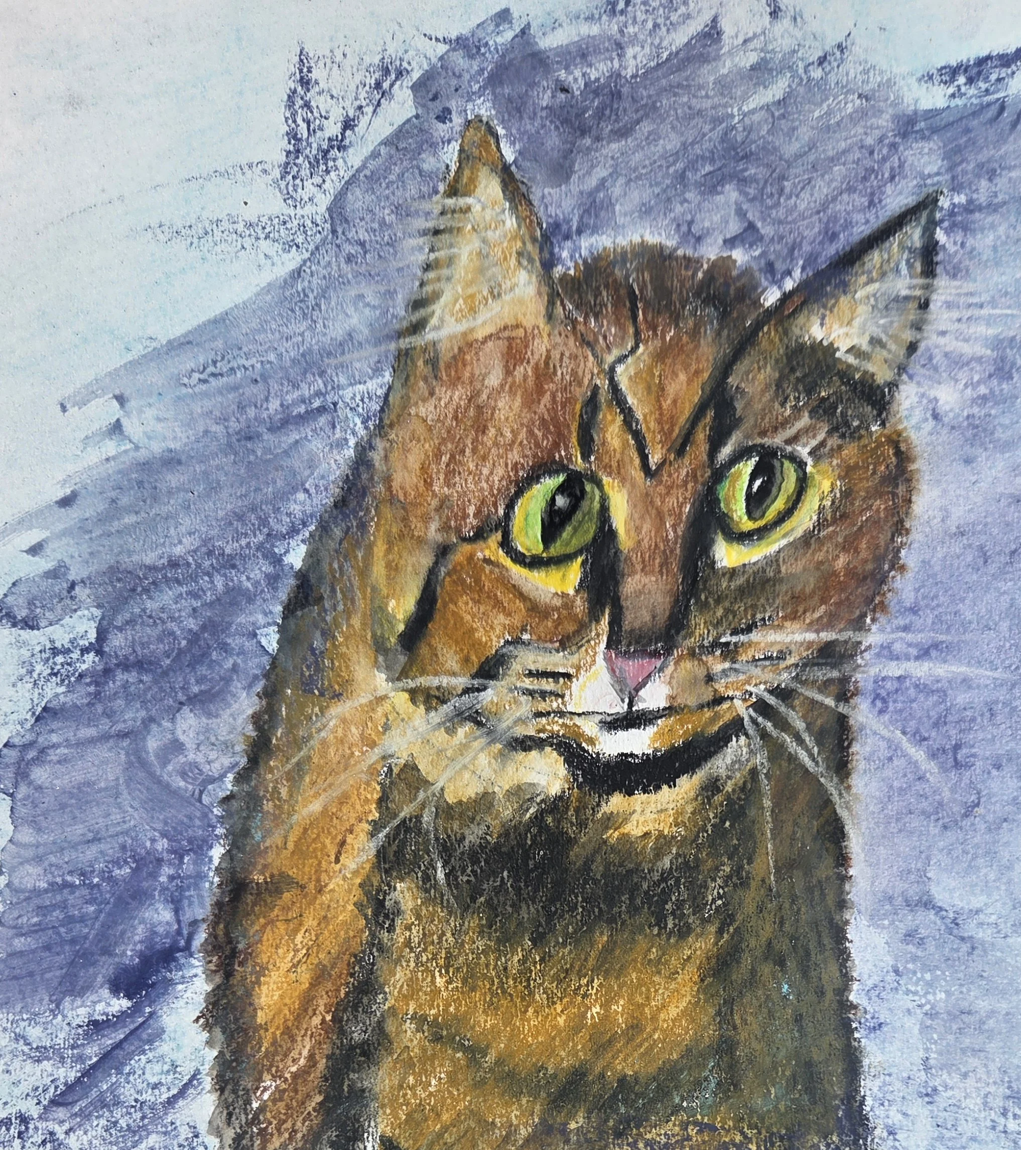 PAT FENDA ~ Poignant Pussy, 8 x 6 - "I played with my new Castle d'Ache water double wax pastels on mixed medium paper. It was fun to try something new. Thanks always for the inspiration."