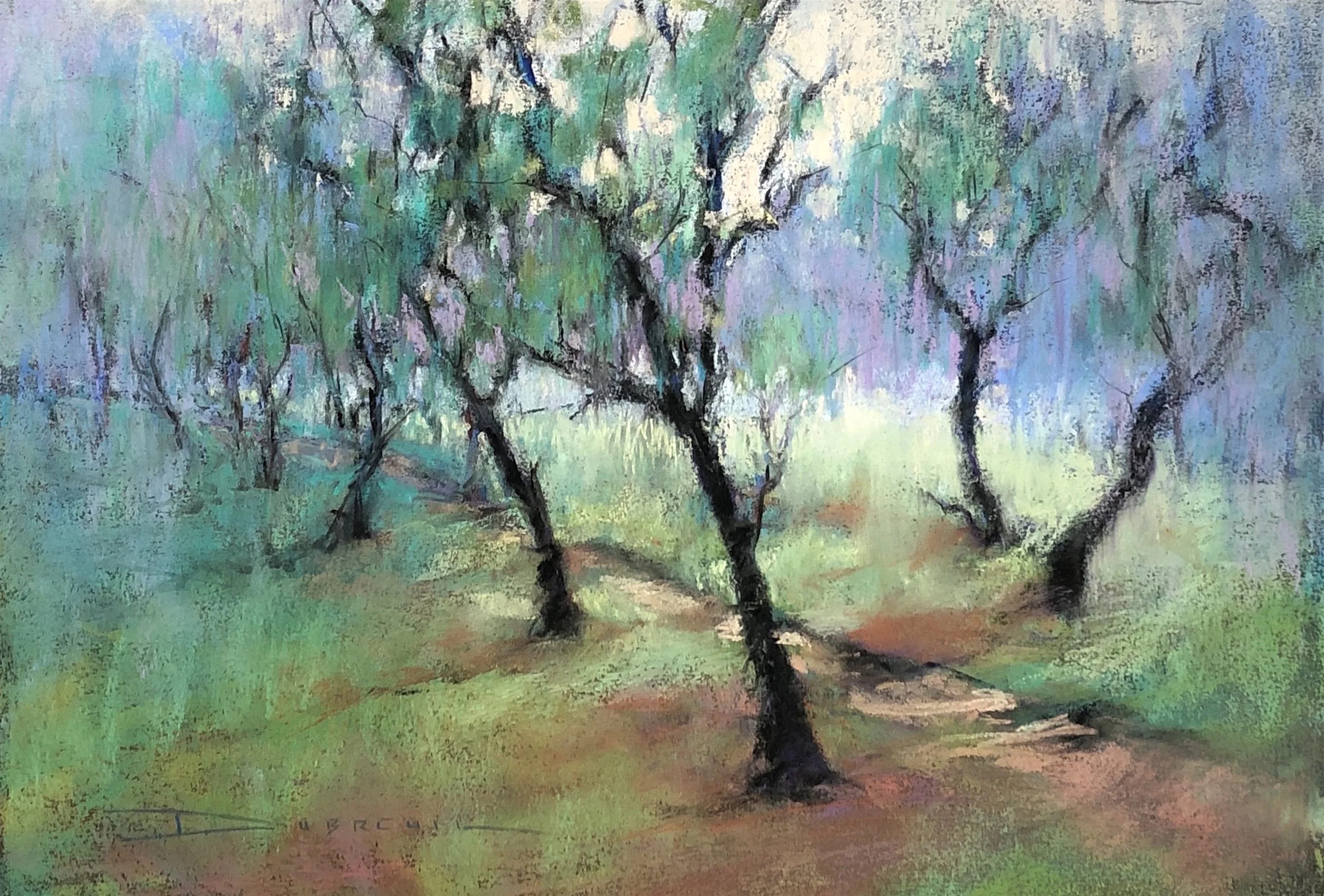 TERRILYNN DUBREUIL ~ French Broad Drizzle, 11 x 15 - "Working from an old sketch and photo, I was reminiscing about the expressive trees that first caught my attention when I moved to Asheville... those in the French Broad River Park. They are all no