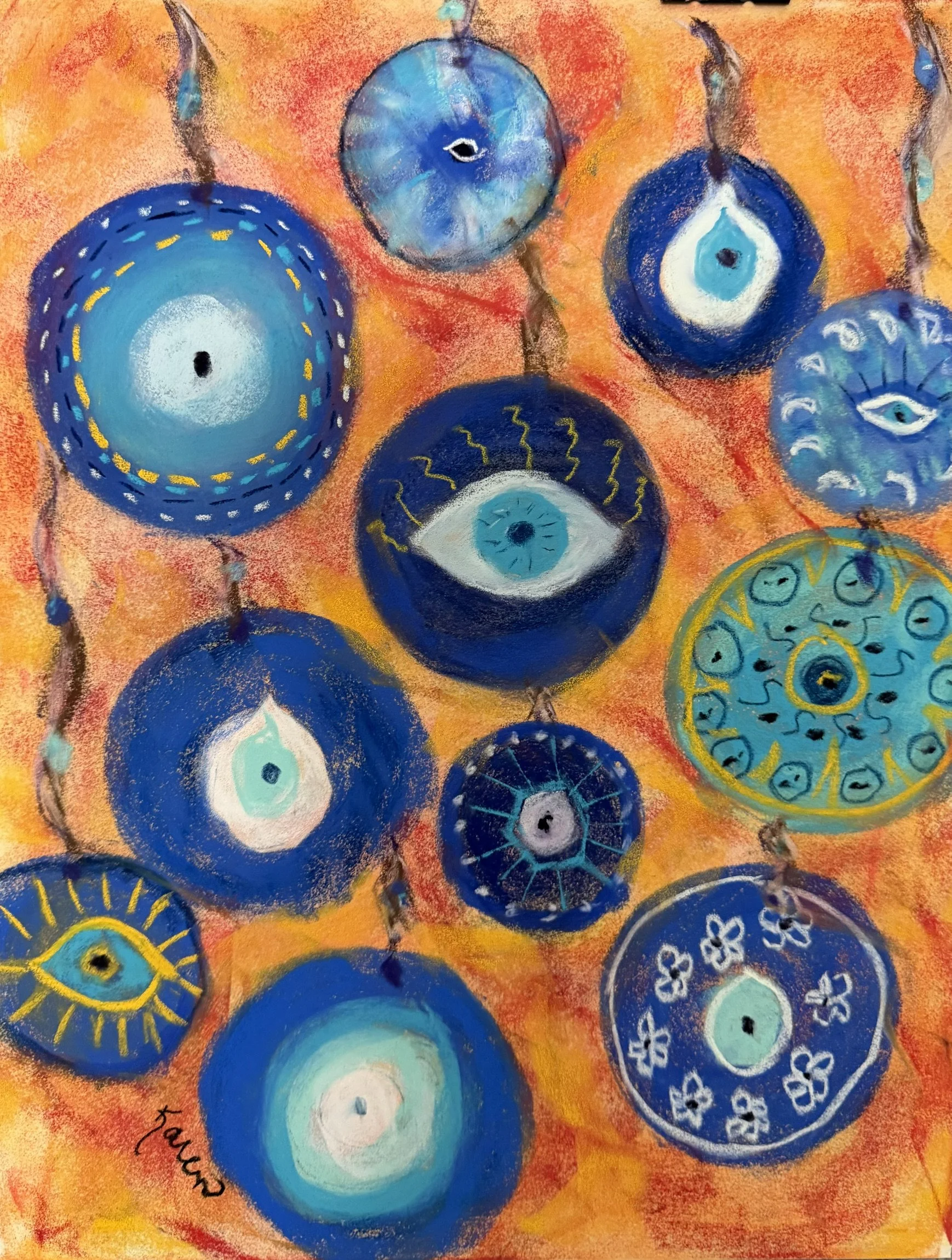 KAREN KNAUB ~ Back At Ya, 16 x 12 - "I will be traveling to Greece in a few days so I chose to paint the Greek evil eye. This was fun and fast. I painted it on Canson Mi-Teintes velvet paper. I am finding this paper nice to work with and it holds a l
