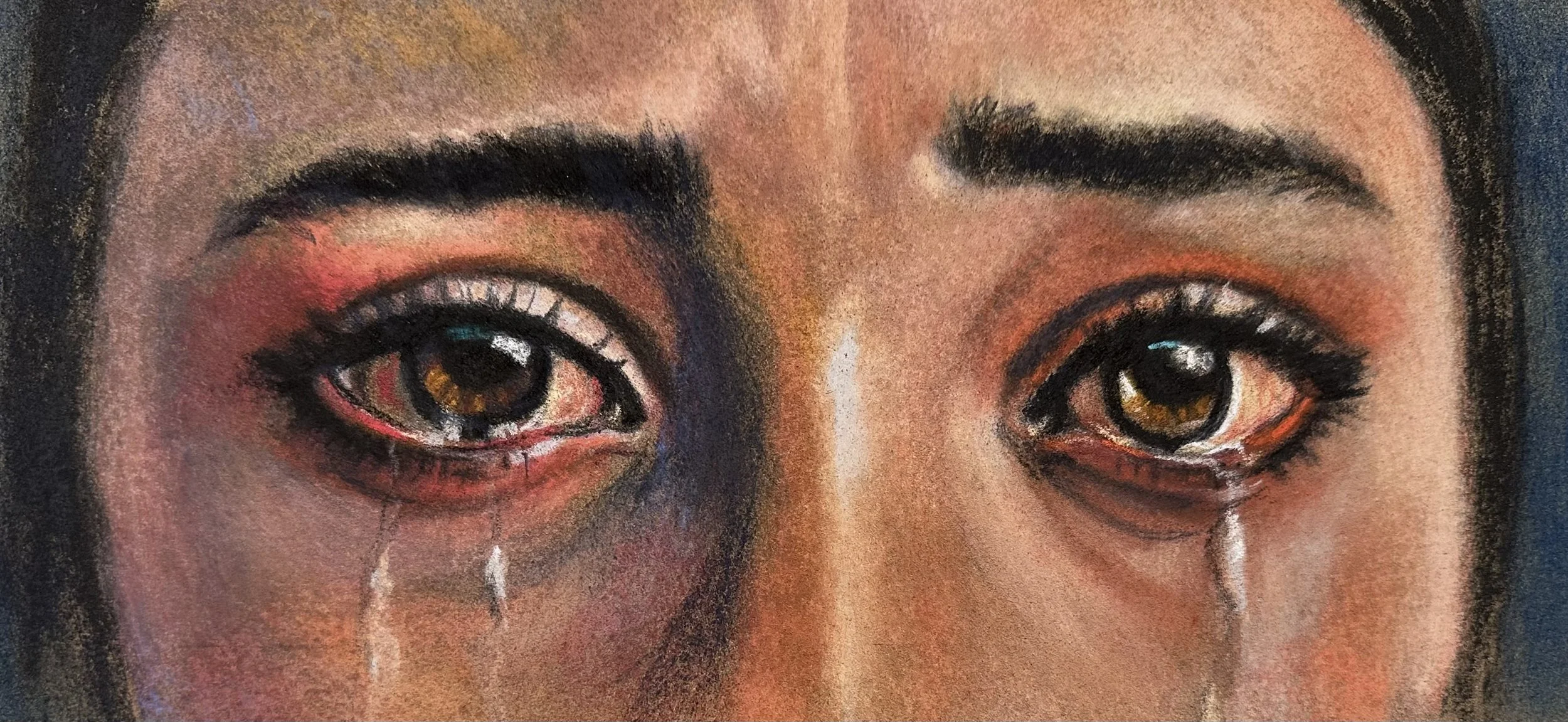 PAT QUIGLEY ~ Crying Eyes, 6 x 12, various hard and soft pastels on Sennelier LeCarte paper - "The close ups of the Pompeii painting did it for me – I had to try to paint “crying eyes.”  Found a very teary photo online and decided to push the color i