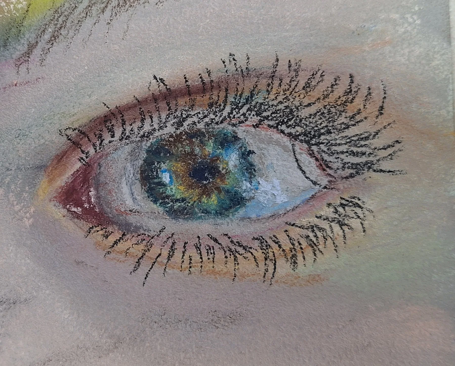 KATHY HUTCHINSON ~ I've Got My Eye on You, 3.5 x 4,  grey Artspectrum and various soft pastels and pastel pencils - "When I saw the topic for this Adventure I immediately thought of one of my granddaughter's eyes.  They have so many colors when you l