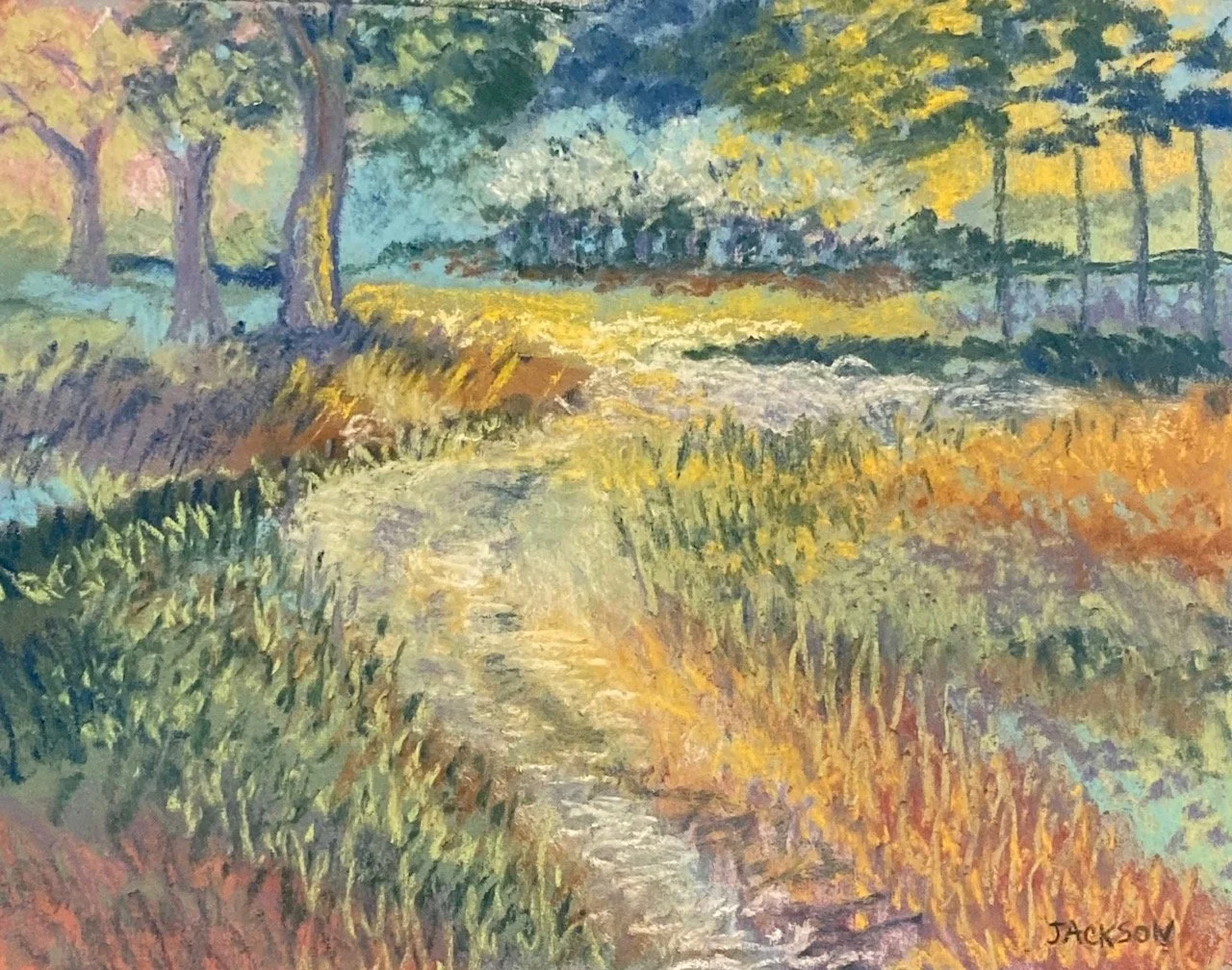 LYNN JACKSON ~ Around the Bend - "I decided to do a variety of trees in this still life. I tried to keep my strokes loose to lead the eye around the bend to the trees. I experimented with new color combinations to show distance. This painting was fro