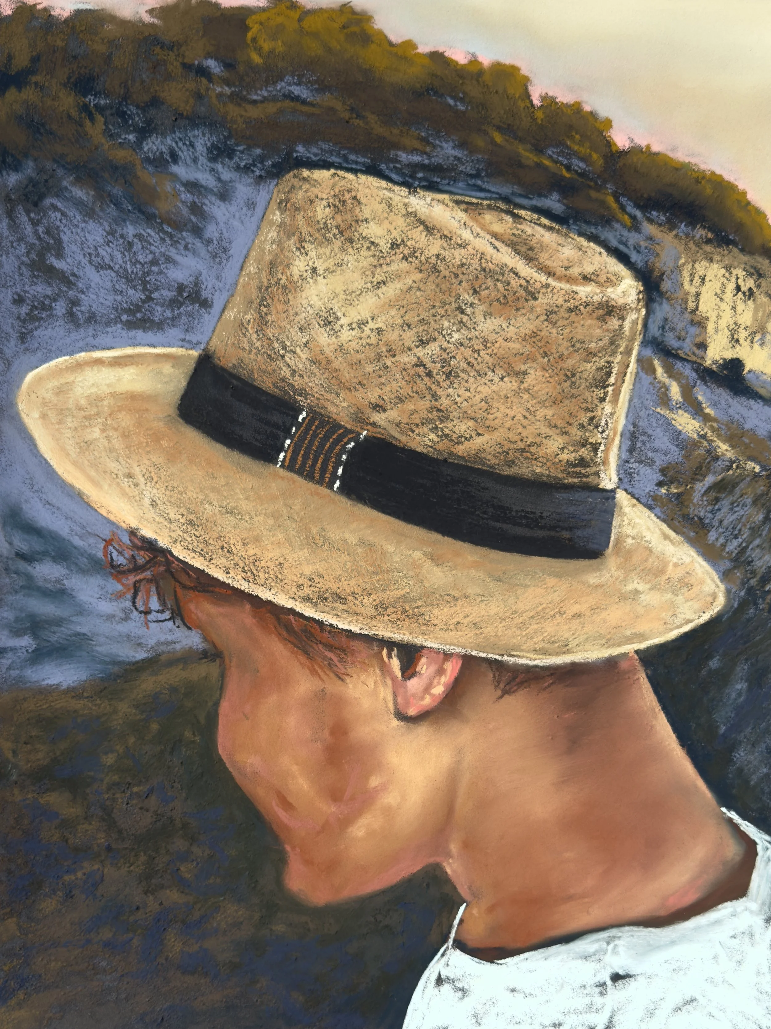MACIEJ BOBOWICZ ~ Evening Stroll, 16 x 12", Unison Colours soft pastels on PastelMat paper - "I took this photo of my son a year ago, and it waited a year to be painted. It's a typical photo bomb. I was taking a photo of the beautiful Portuguese seas