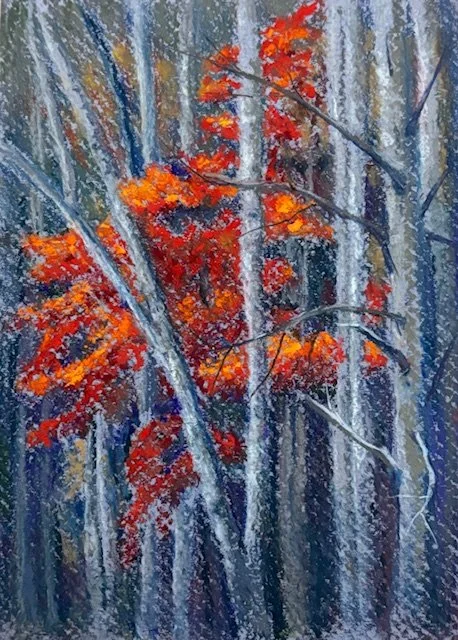 DEBORAH CHASE ~ Autumn Flame, 7 x 5 - "I tried a sample of Crescent Mixed Media board in mouse (gray) color. The surface was heavily textured, not my favorite to work on but I liked the board’s firmness which is similar to the matt board they make."