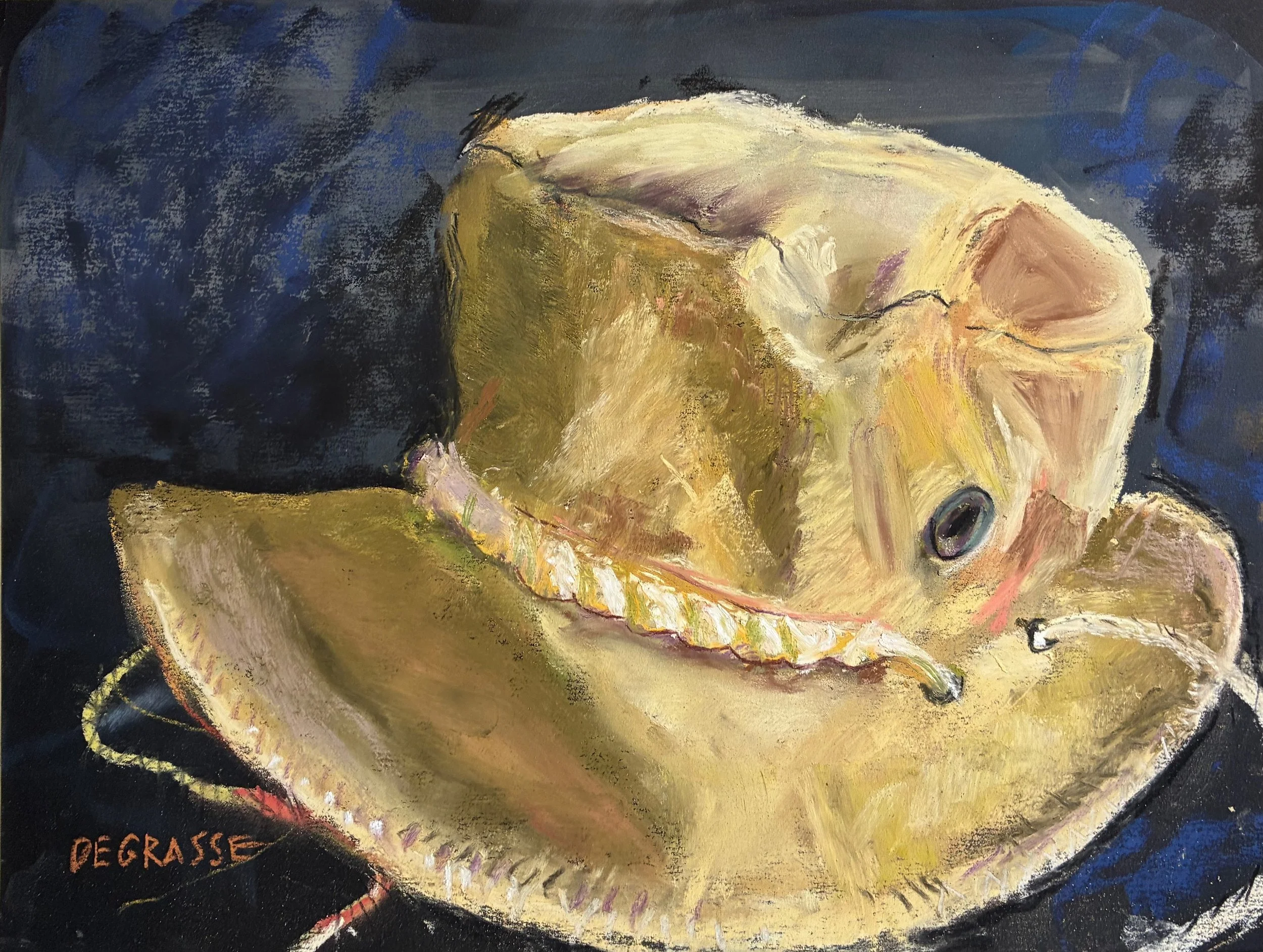DIANE DE GRASSE ~ My Favorite Hat, 9 x 12", soft pastel on UART 400 black - "I wore this canvas hat with a broad brim sailing in the Mediterranean and as forlorn 'Peggy' performing on stage. Two of my favorite pastimes. I tried to convey the crumpled