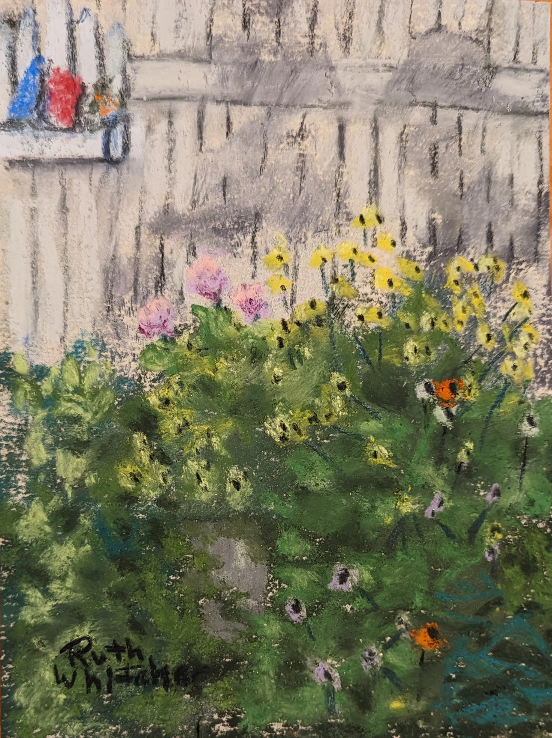RUTH WHITAKER ~ A Day in the Garden, 7 x 5, assorted soft pastels on Uart 400 lb. paper.