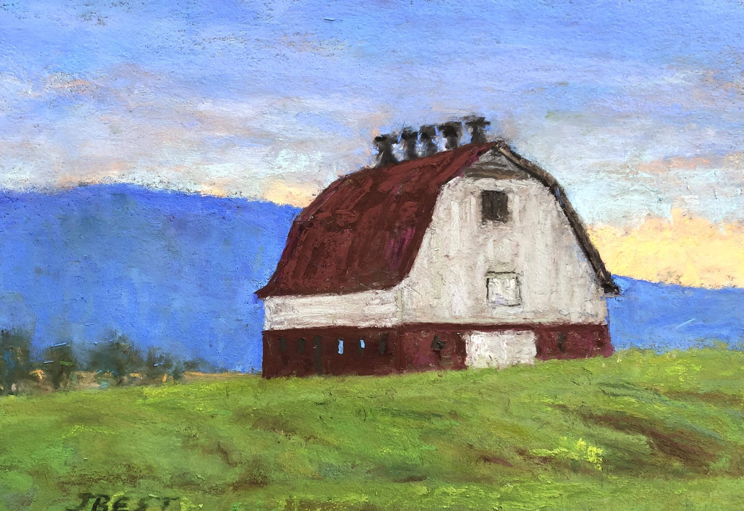 JANE BEST ~ In the Hills, 9 x 12 - "Houses, barns, and farm scenes have always been my favorite things to draw and paint. I especially
like exploring back roads and finding old and abandoned ones! Thanks for this adventure!" - Morganton, NC