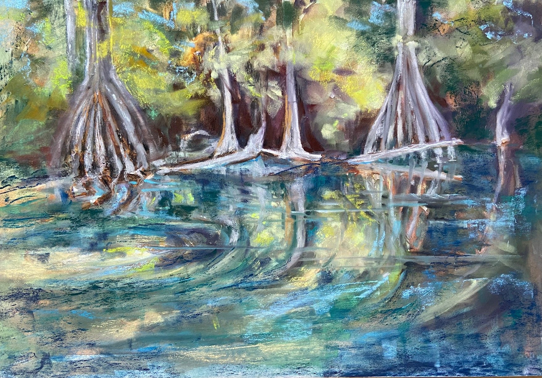 CAROL ROLLICK ~ Boat Passing in the Swamp, 13 x 29, Pastelmat.