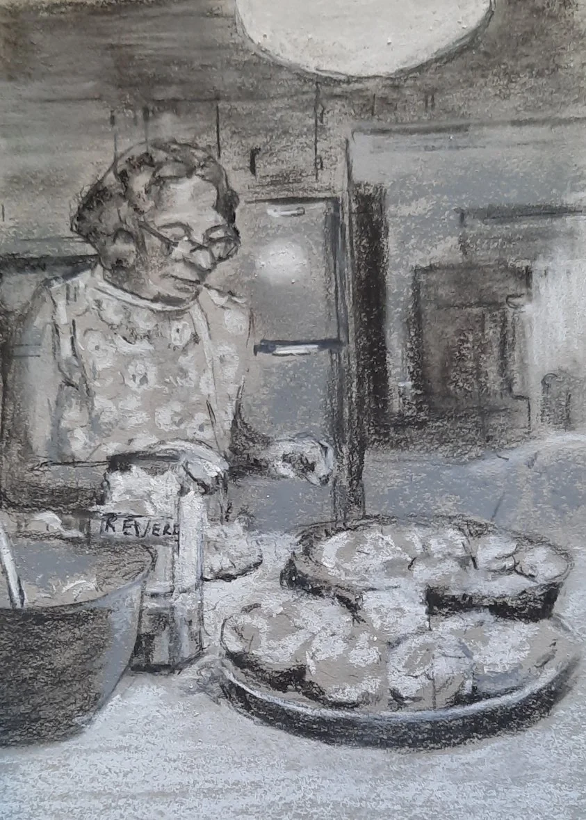 MERYL MEYER ~ Lydia's Pastry Pastime, 8 x 6, Strathmore grey sketch paper, charcoals and white soft pastel - "From my own reference 50 plus years ago. This was my best friend's Mom. She was a Social Worker, and I would spend some holidays with them i