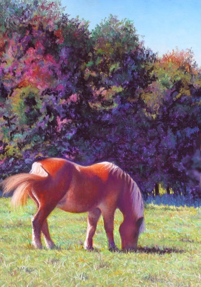 ALEC HALL ~ Tree-Lined Pasture, 7 x 5, UART 500 grit, Pastels: Rembrandt, Blue Earth, Carb-Othello Pastel Pencils - "In my opinion, every painting needs to have an animal in it somewhere, even if trees with their rich foliage are the primary subject.
