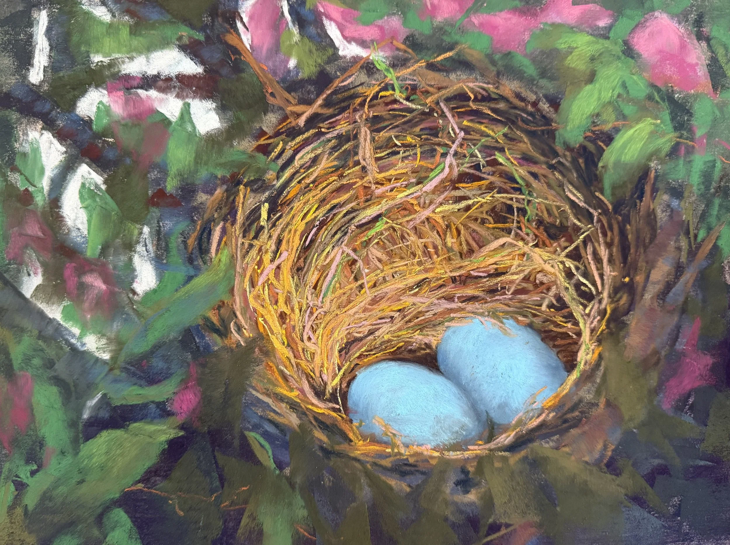 ANDREA STUTESMAN ~ Robin's Nest, 12 x 16 - "I painted this robin’s nest 2 years ago and worked on it in my studio, but it then disappeared from the studio. I kept thinking I would paint it again and now was the time. Perfect adventure challenge for m