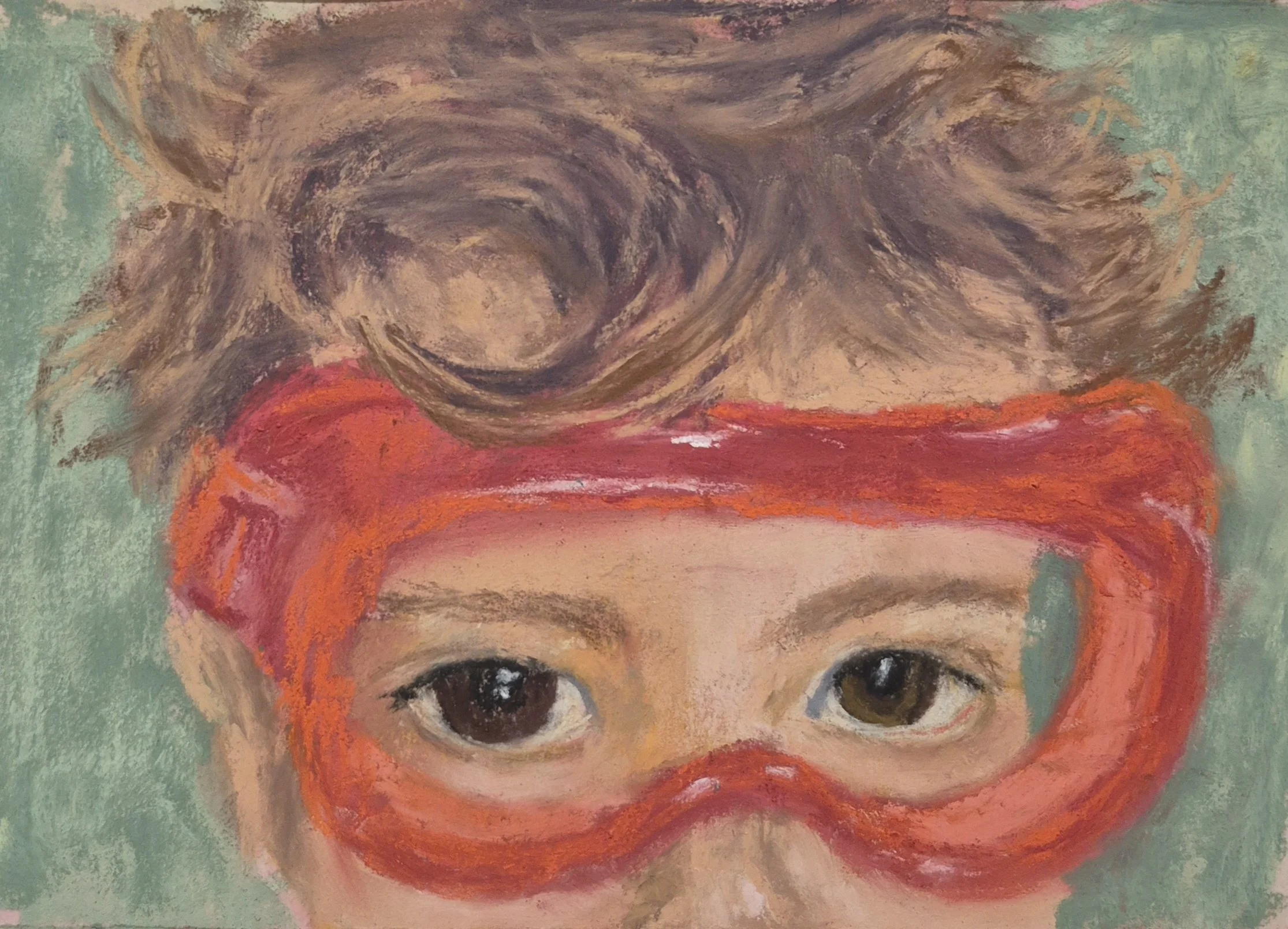 MARYANN GRIB ~ Goggle Eyes, 5 x 7, Uart - "This is my granddaughter Emily when she was wearing her big red goggles while playing. She has great big beautiful brown eyes and I just loved how the goggles framed them."