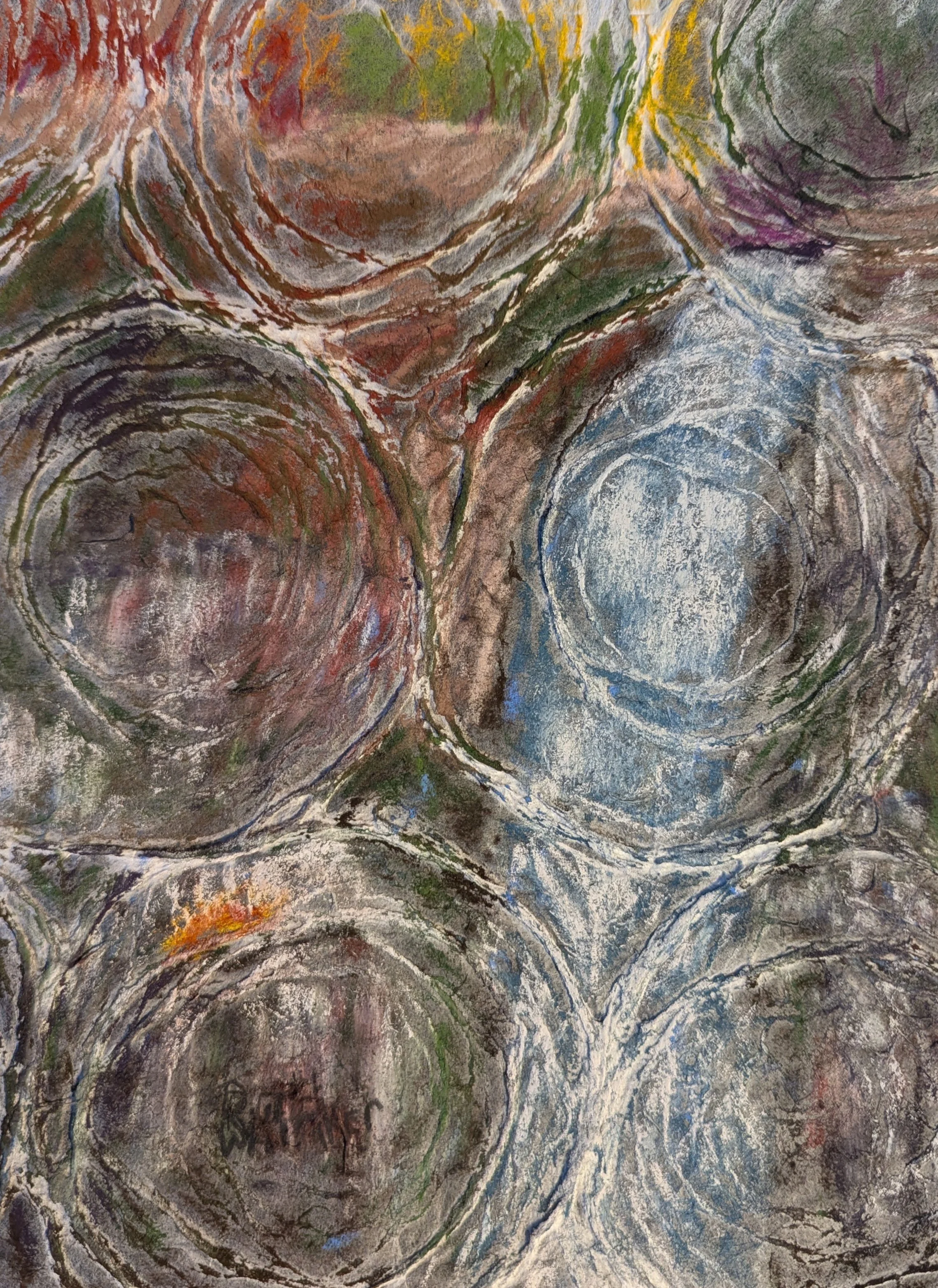 RUTH CROWE ~ Pounding Water, 10 x 8 , assorted soft pastels - "I did this on a textured paper. It almost feels like rice paper. I enjoyed doing this closeup of a waterfall over a very old rock wall with greenery draping down. I can almost feel the po