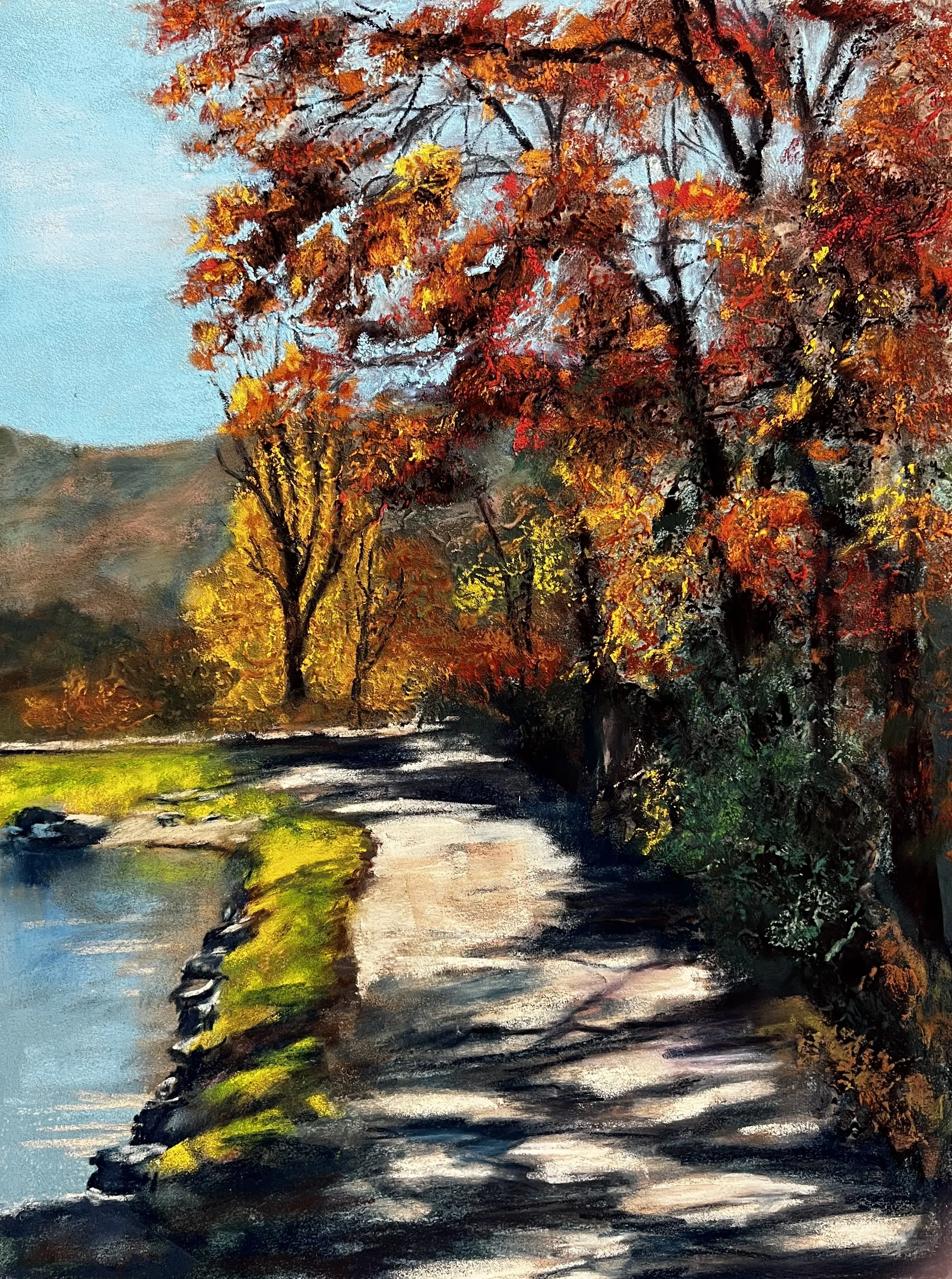 ANDREA STUTESMAN ~ Tomahawk Trail, 16 x 12 - "I chose to work on trees as this is a definite challenge for me. I used Canson Velvet, created an underpainting with alcohol and then added pastel ground in areas. This is a the trail at Tomahawk Lake her
