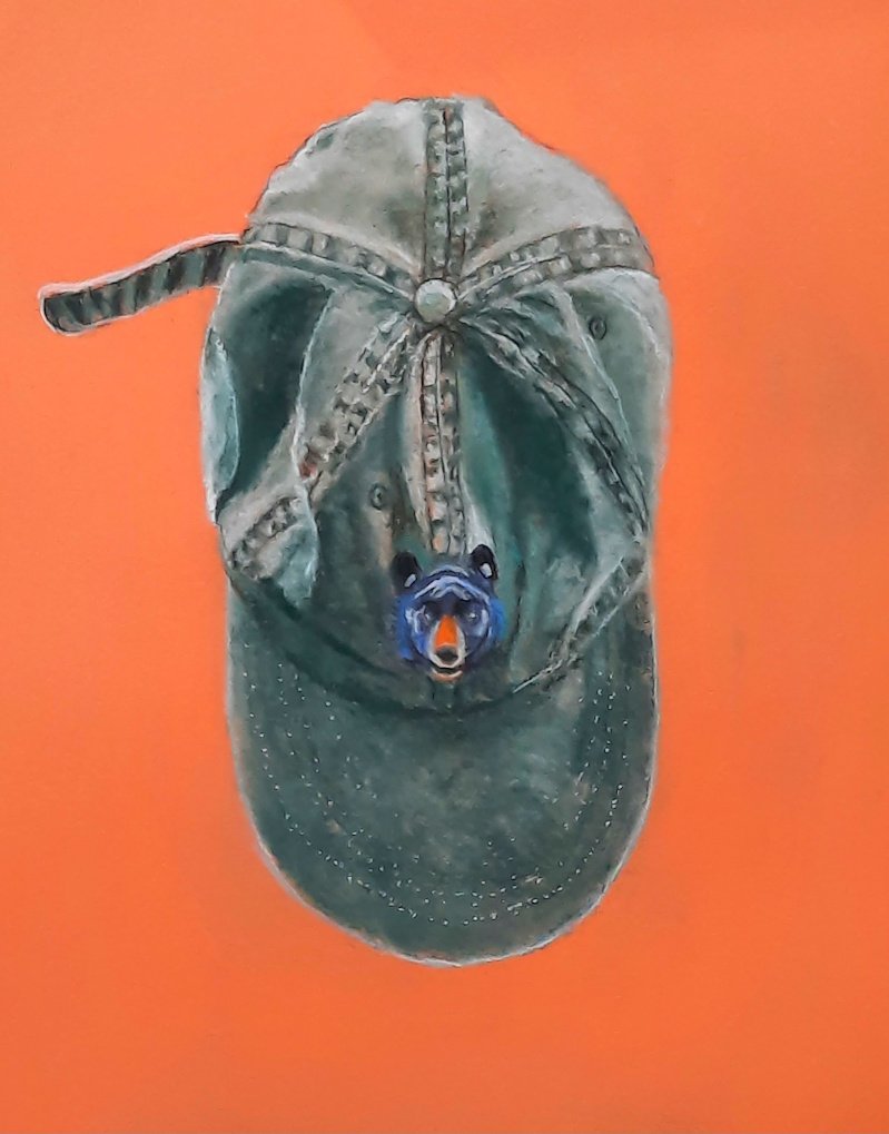 MERYL MEYER ~ My Bear Hat, 12 x 9", Mi- tientes Canson paper, salmon hue. Used assorted soft pastel, pastel pencils and hard pastel - "I purchased my bear hat on the Blue Ridge Parkway at Water Knob last fall. I took it with me on a recent trip to Al