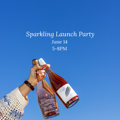 A hand holding two bottles of sparkling wine with the text “Sparkling Launch Party, June 14, 5–8 PM.”