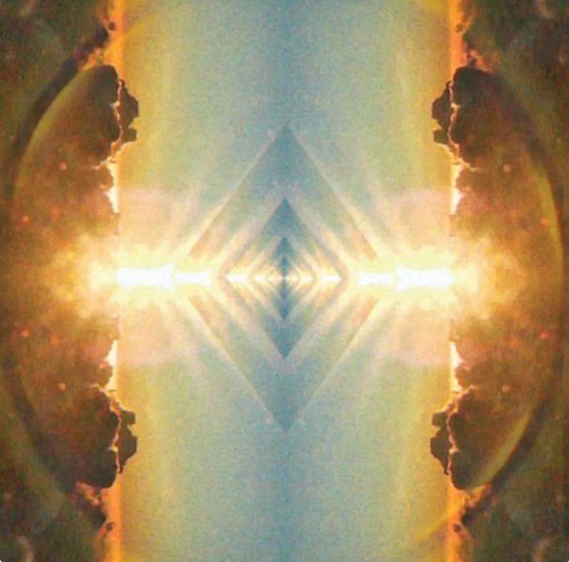 Symmetrical abstract image with bright yellow and orange tones, featuring a central diamond shape and cloud-like formations on the sides.