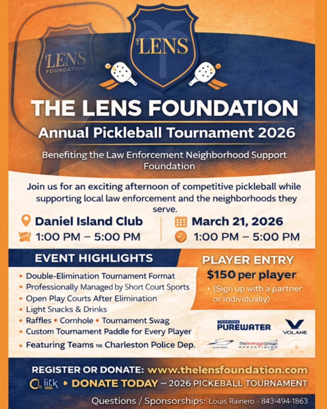 Grab a partner and join us for the LENS Foundation Annual Pickleball Tournament on March 21st from 1:00 PM to 5:00 PM at the Daniel Island Club 🏓

Players can register for $150 per person, either with a partner or individually, and will compete in a