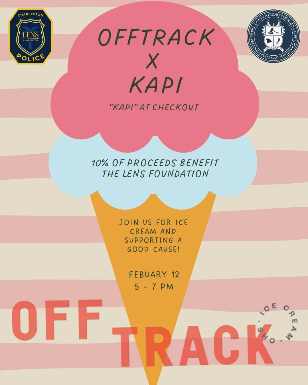 We&rsquo;re excited for a partnership between LENS Foundation Charleston, @kapi.cofc, and @offtrackicecream for a donation percent night supporting LENS. This Thursday, February 12 from 5&ndash;7 PM, enjoy ice cream while 10% of proceeds go directly 