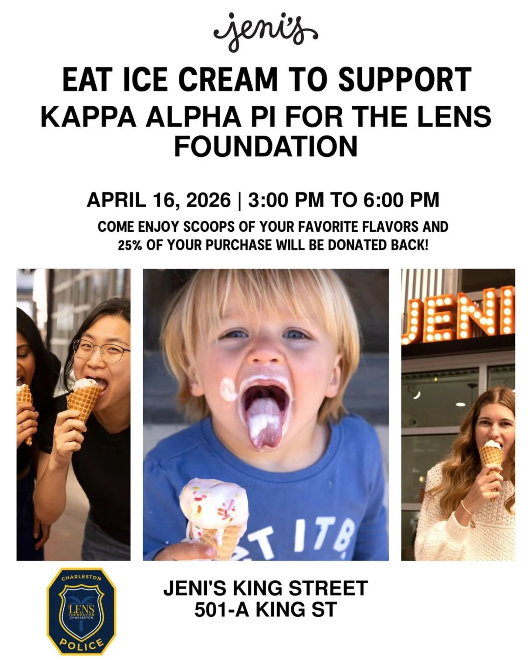 Treat yourself to ice cream from Jeni's! This Thursday, April 16 from 3:00&ndash;6:00 PM, stop by @jenisicecreams on King Street for an afternoon of sweet treats benefiting the LENS Foundation. During the event, 25% of all purchases will be donated b