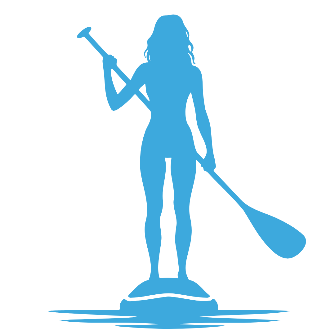Grafisches Icon: Frau steht auf einem Stand Up Paddle Board und paddelt, dargestellt als blaue Silhouette auf dunkelblauem Hintergrund