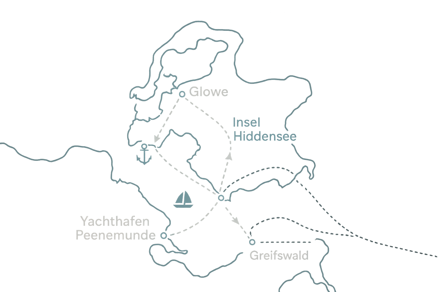 Karte der Segeltörn-Routen ab Yachthafen Peenemünde nach Glowe, Insel Hiddensee und Greifswald - alle Touren von Baltic Sea Yacht Events