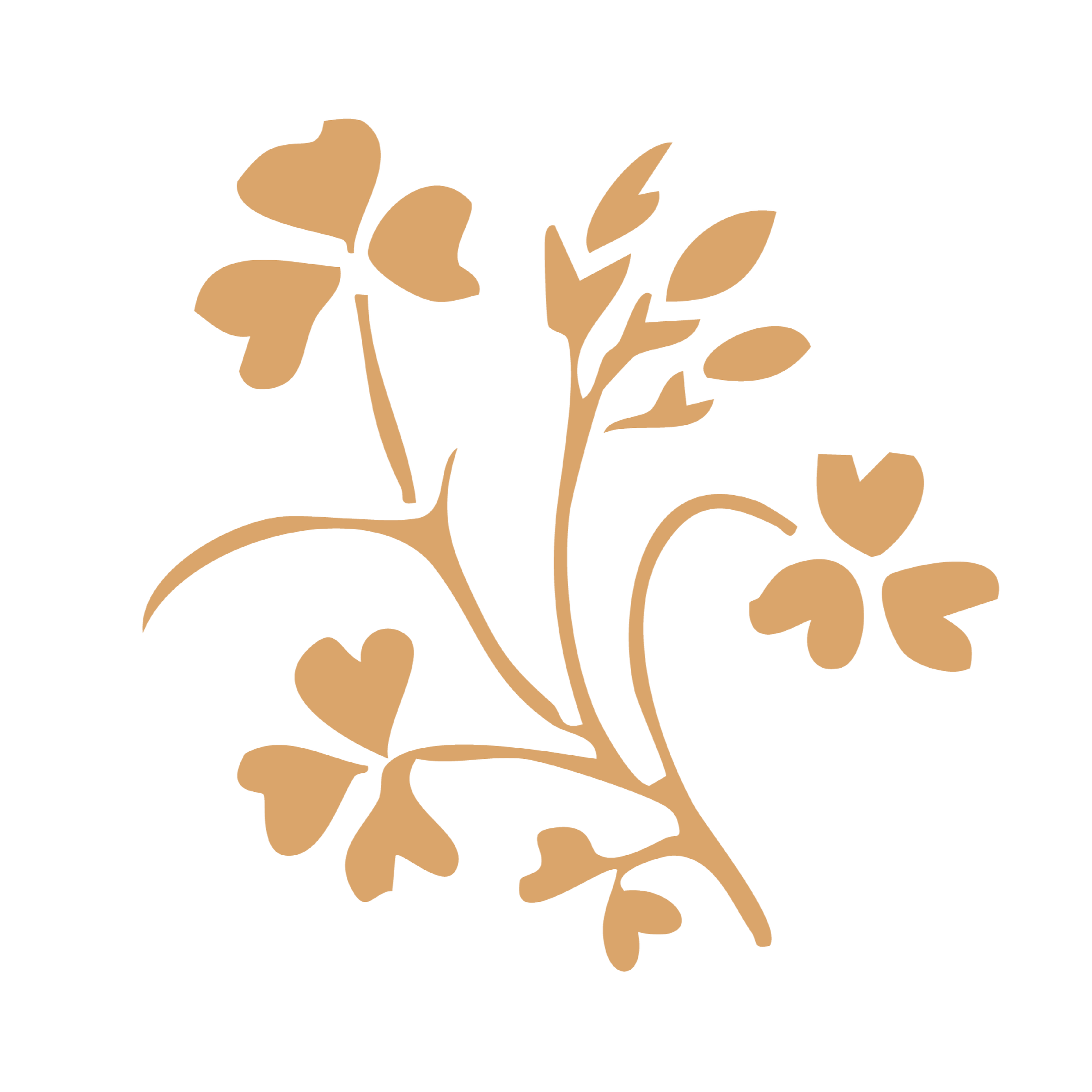 A minimalistic illustration of a floral vine with heart-shaped leaves in brown on a black background.