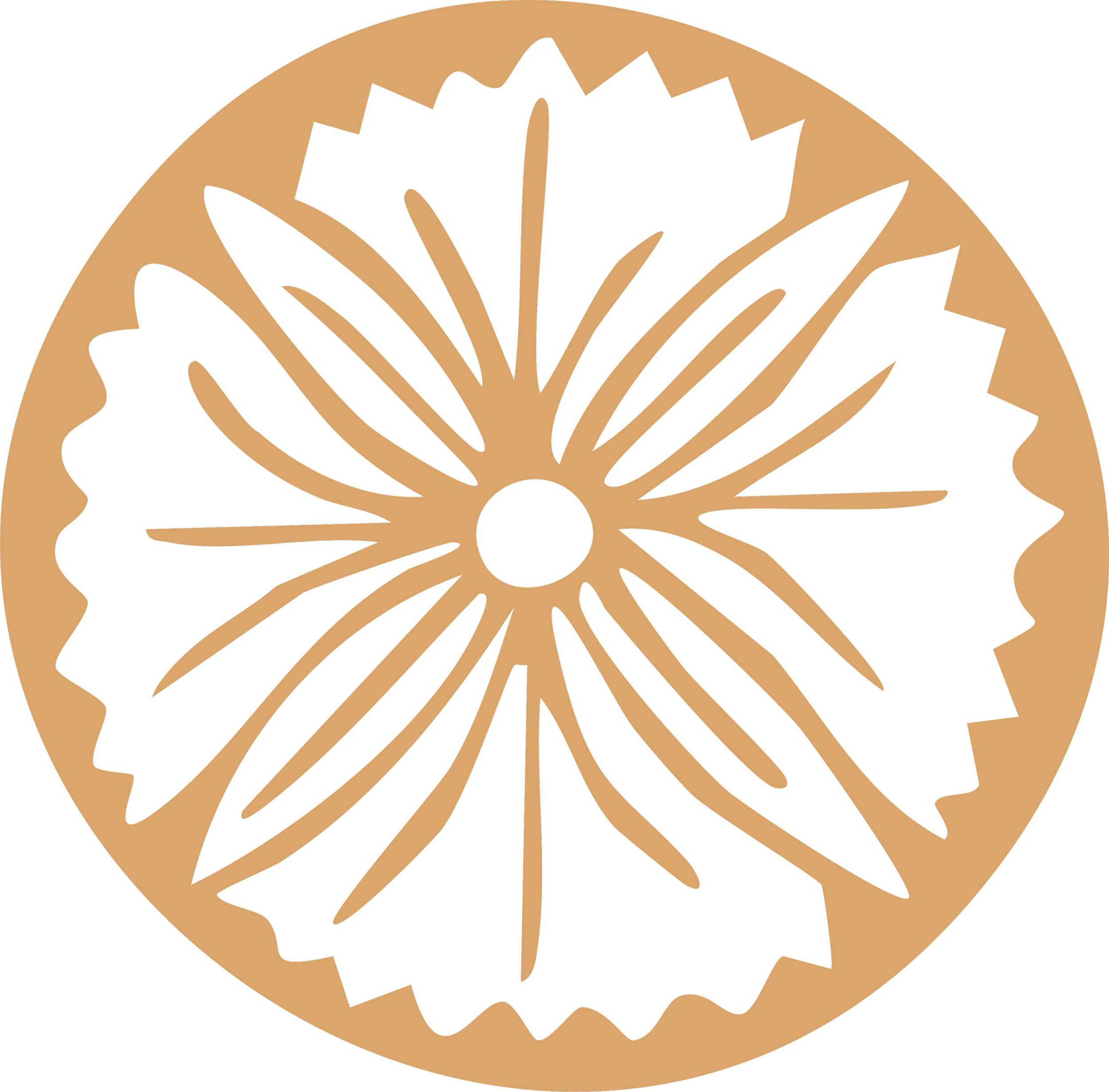 Design of a circular chocolate and caramel flower with petals in black and tan.