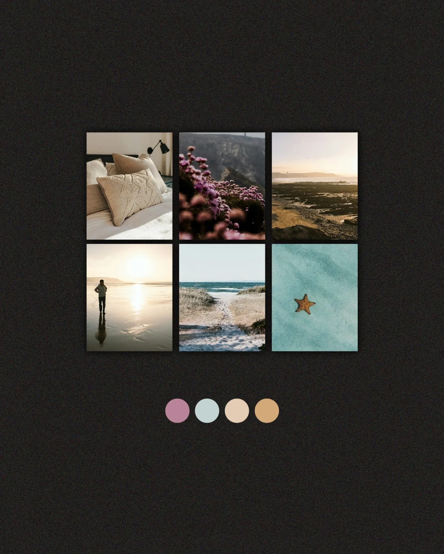 Moodboarding to build a brand feeling.

Calm energy, salty breeze in your face, dreamy-soft pastels against a rugged &amp; dark earthiness.

I&rsquo;m reworking a brand I designed last year and evolving it to match the journey I&rsquo;ve been on myse