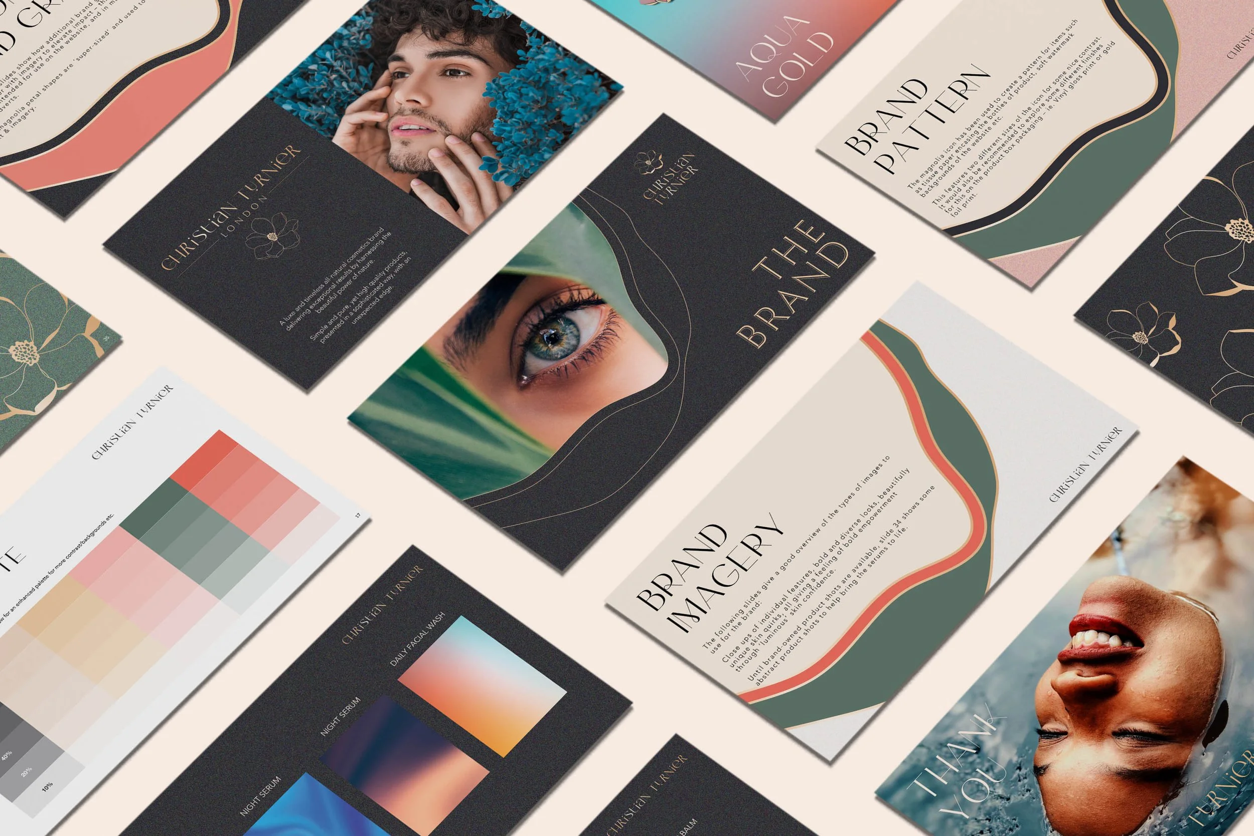 A mockup showing brand guidelines for a London-based beauty & skincare brand