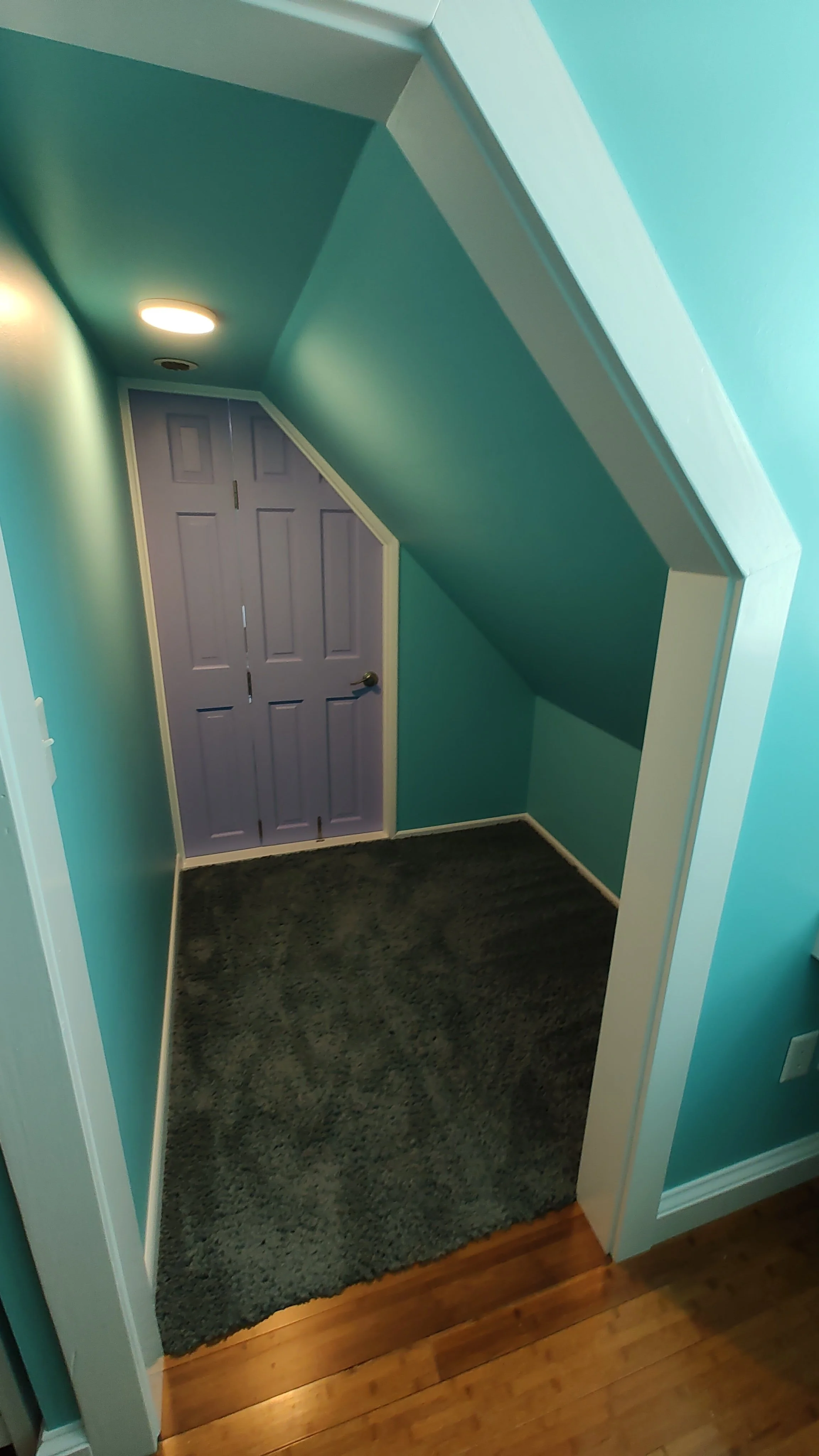 A dingy attic converted to fun and playful kids play nook space. Small room with teal walls, purple double doors, gray carpet, and a white ceiling with a recessed light.
