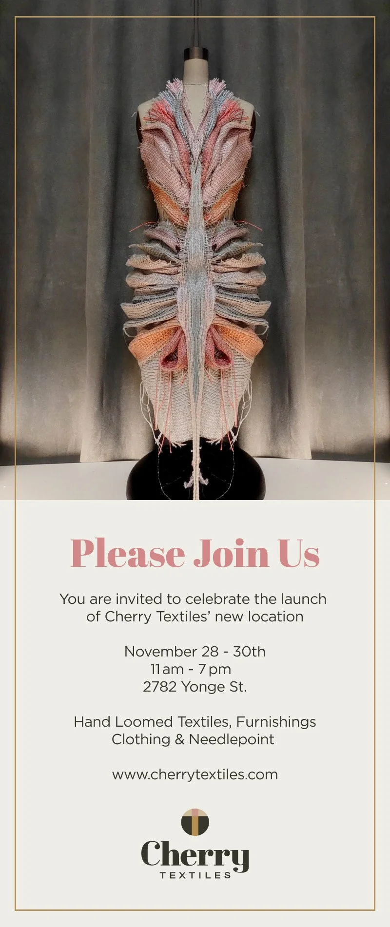 Event invitation for Cherry Textiles featuring a mannequin cloaked in colorful, textured fabrics with a gray curtain backdrop and the Cherry Textiles logo at the bottom.