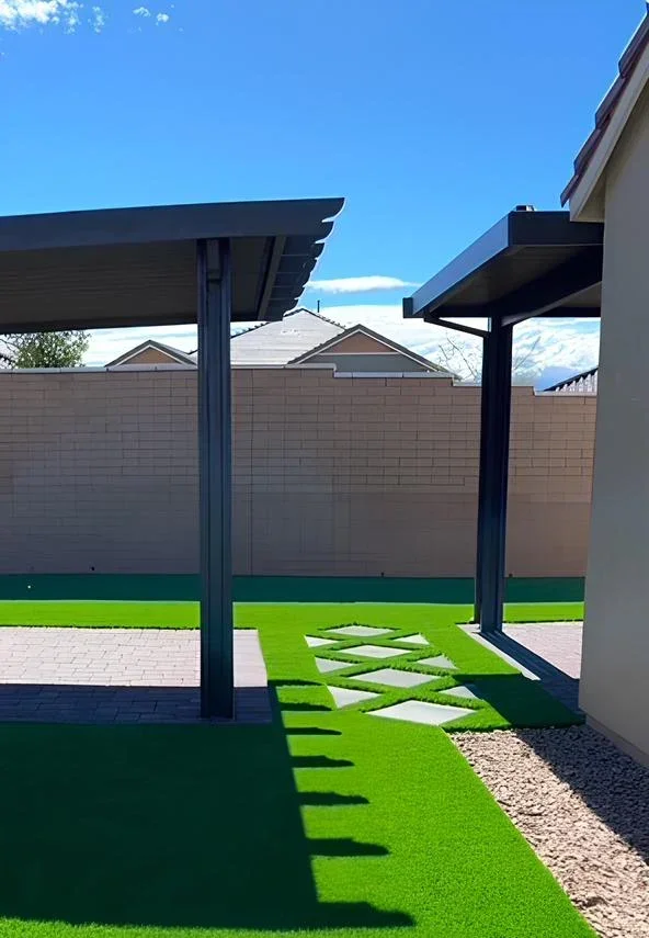 Backyard with artificial grass, stepping stones, covered patio areas, and a beige brick wall fencing in a suburban neighborhood.