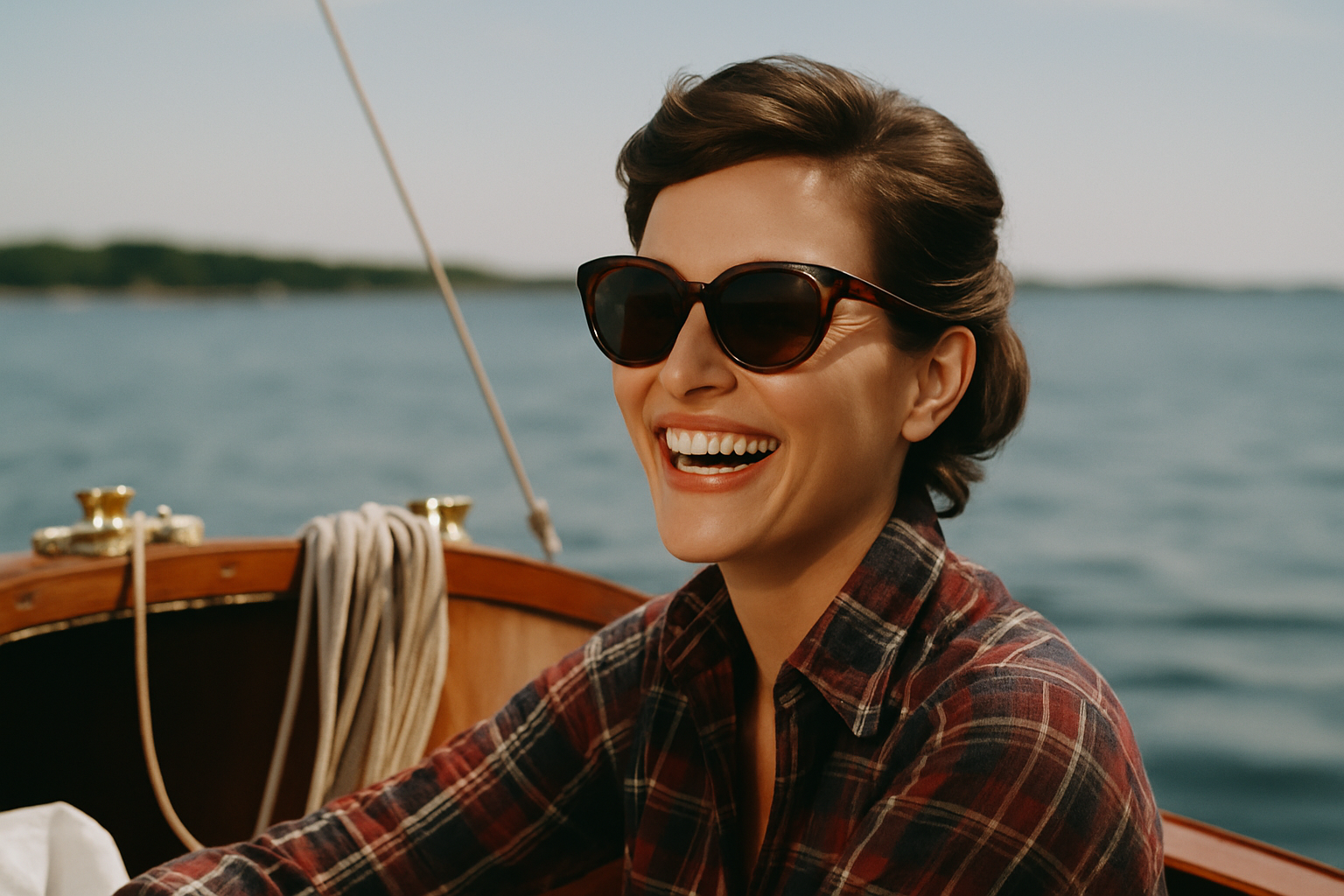Woman with short brown hair wearing dark sunglasses and a red plaid shirt, smiling while on a boat with water and distant shoreline in the background.