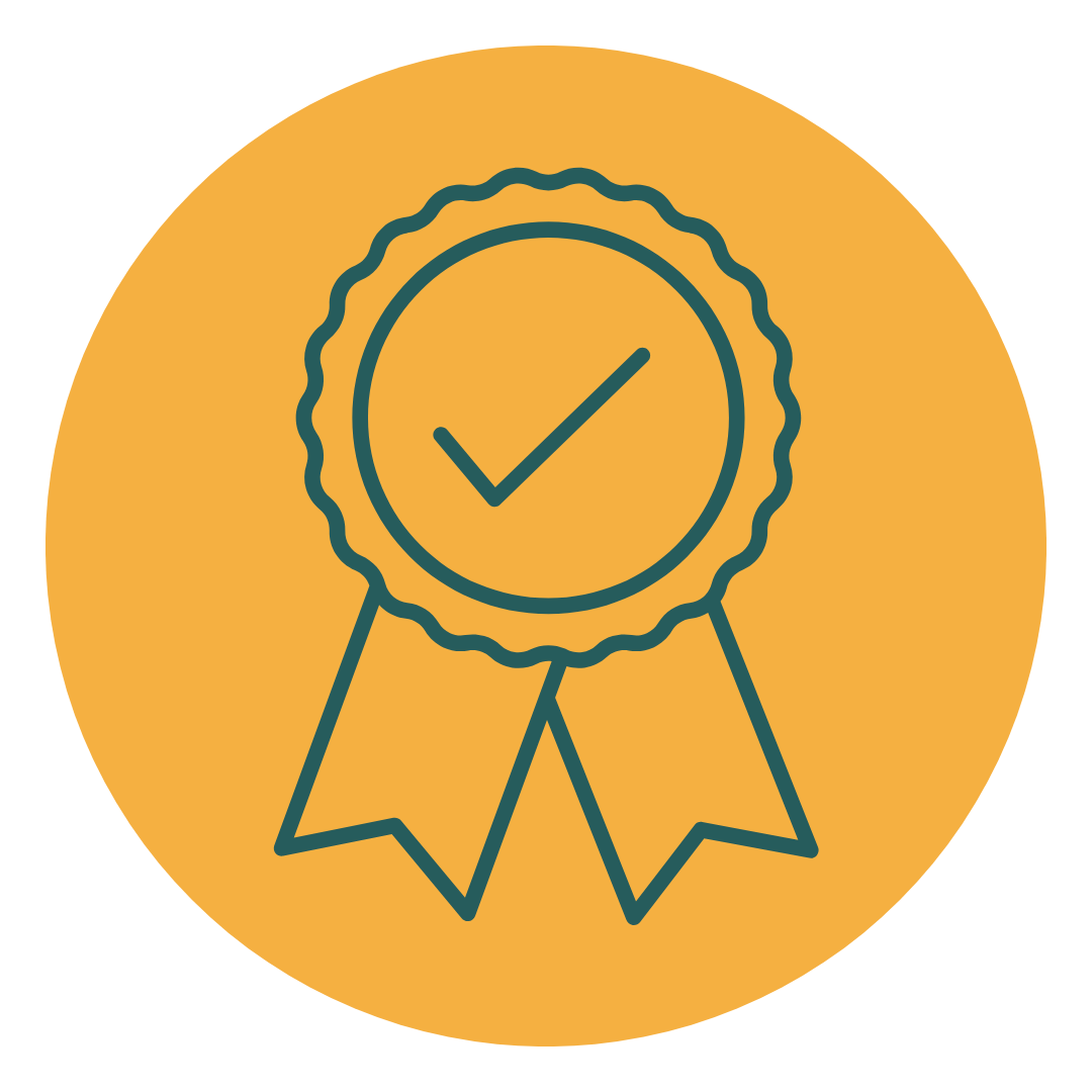 Award ribbon with a checkmark in the center, symbolizing achievement or certification.