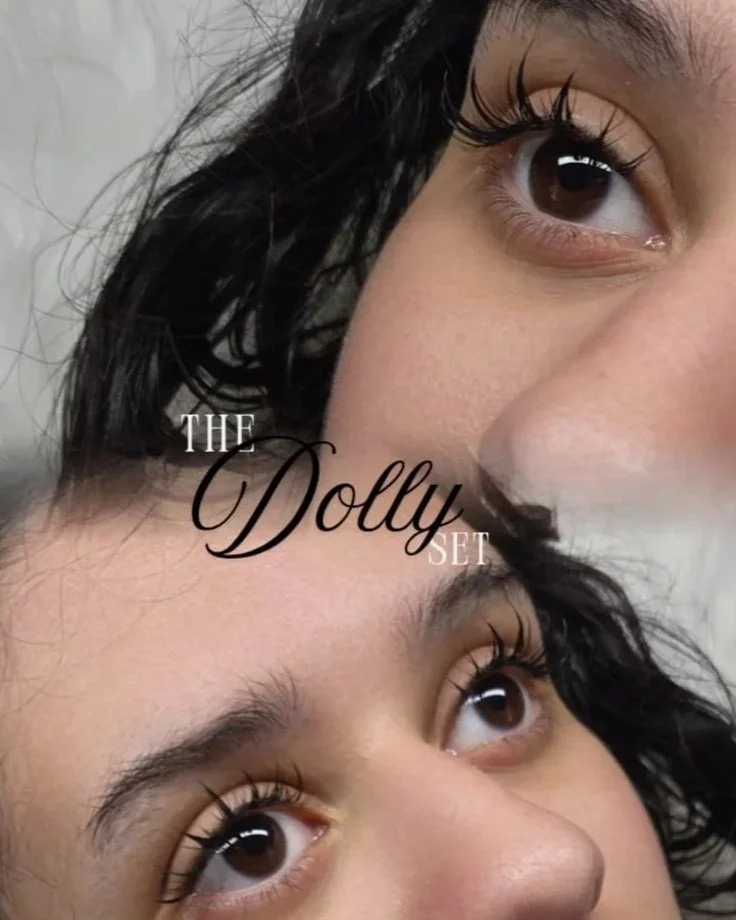 Close-up of two women's eyes, with the text "The Dolly Set" overlaid, suggesting a product related to eyelashes or makeup.