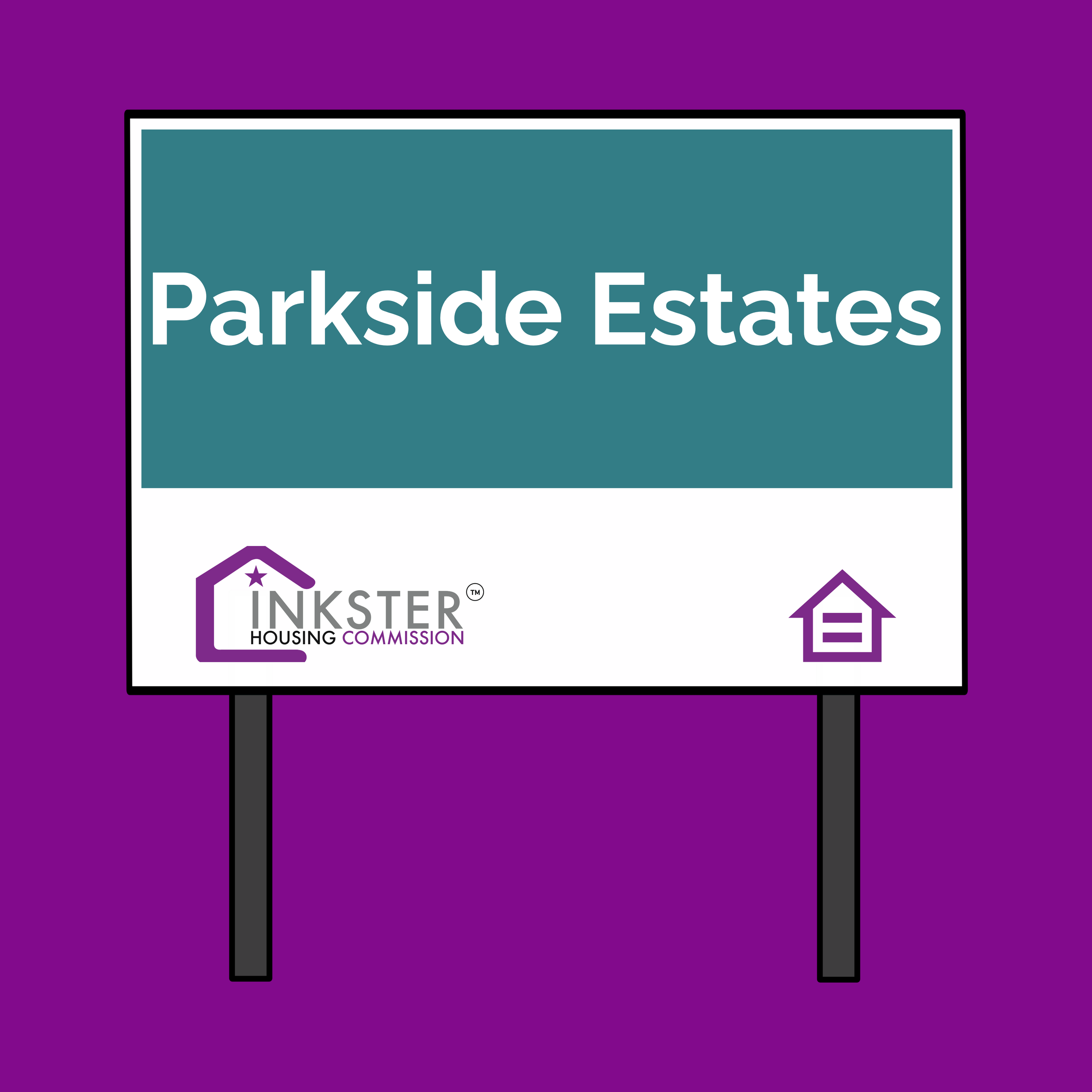 Sign for Parkside Estates with logos of inkster Housing Commission on a purple background.