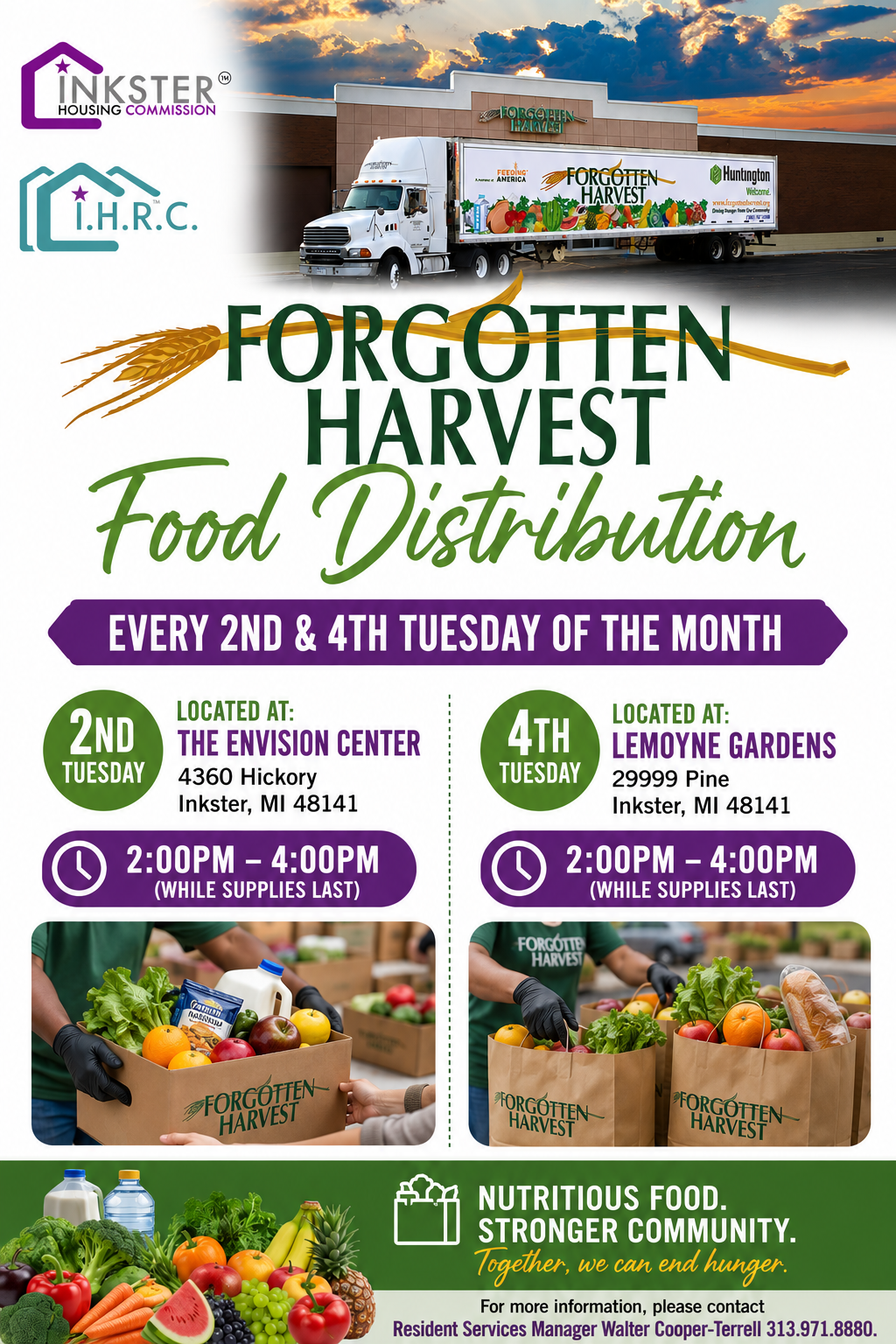 Logo for 'Forgotten Harvest' featuring stylized green text with a wheat stalk passing through the words.
