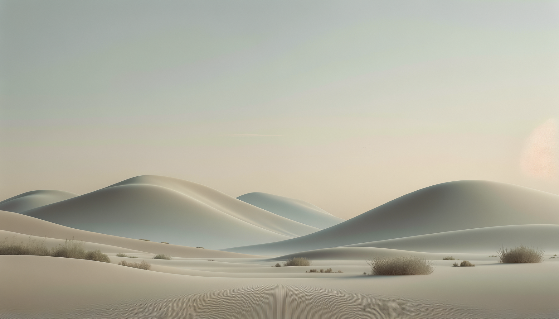 A desert landscape with smooth white sand dunes and sparse desert bushes, under a pale sky with the sun near the horizon.