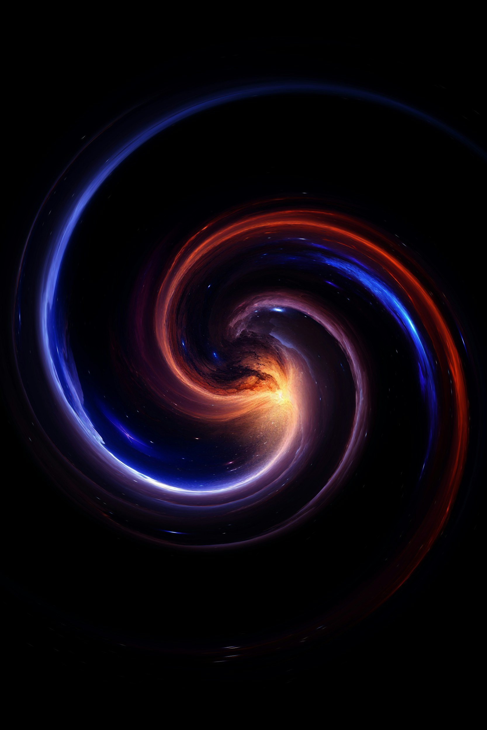 A digital artwork of a swirling, colorful vortex resembling a black hole in space with bright blue, red, purple, and orange hues against a dark background.
