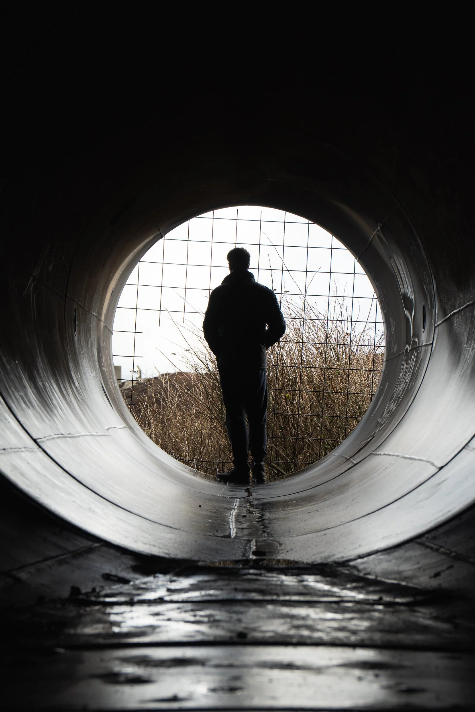 Person standing at the opening of a large tunnel with metal grid behind them, looking out at tall grass outside.
