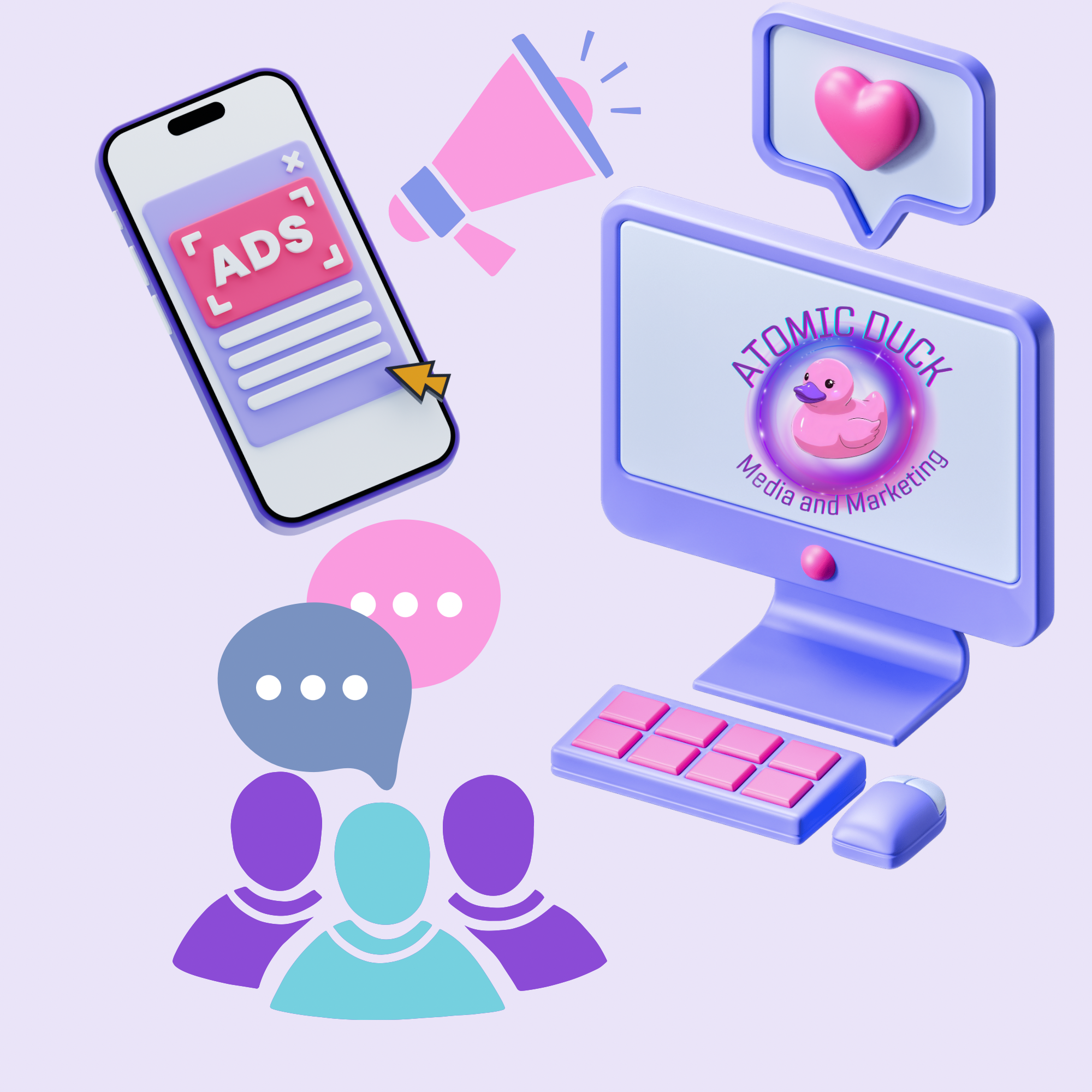 A computer monitor displaying the logo for Atomic Duck Media and Marketing with a pink rubber duck inside a glowing circle. To the left, there is a smartphone showing an advertisement with a mouse cursor pointing at it. Above the monitor, there is a pink megaphone and a speech bubble with a pink heart. Below, there are three human figures with speech bubbles indicating communication or social interaction.