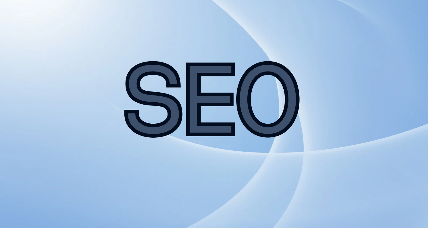 Blue abstract background with the word 'SEO' in large, bold black letters in the center.