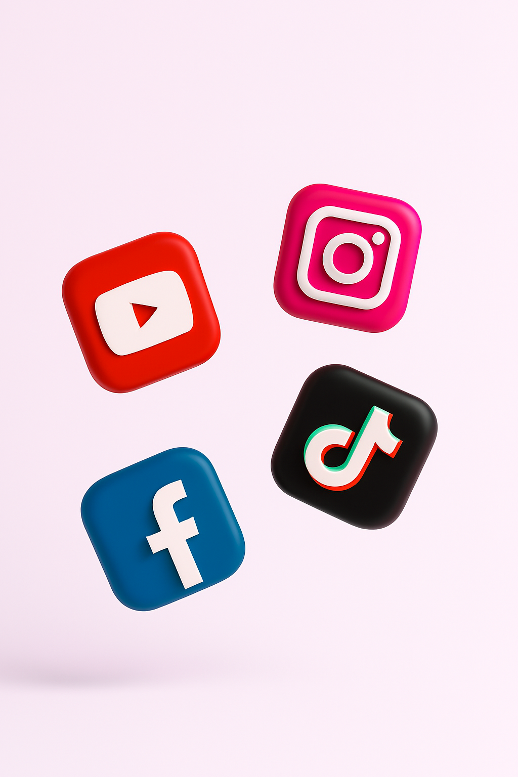 Floating social media icons for YouTube, Instagram, Facebook, TikTok with a pink background.