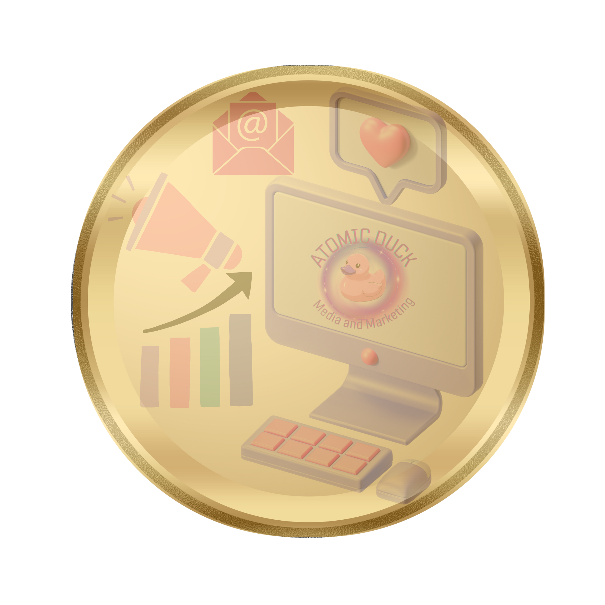 Illustration of a gold coin featuring a computer monitor with a duck logo, a speech bubble with a heart, a megaphone, and a bar graph with an upward arrow, representing media and marketing for Atomic Duck.