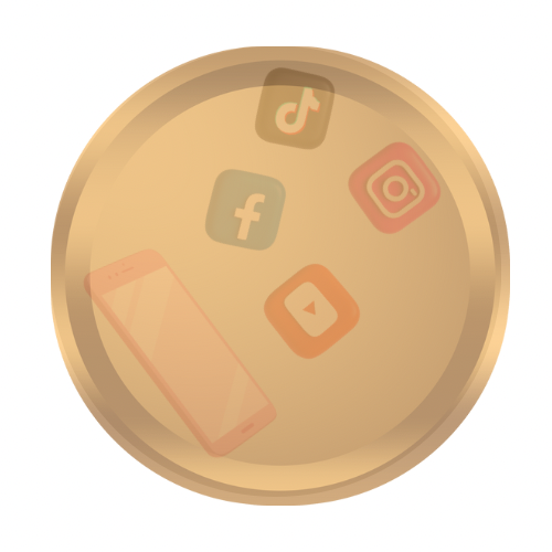 Gold coin with social media icons and a smartphone illustration.